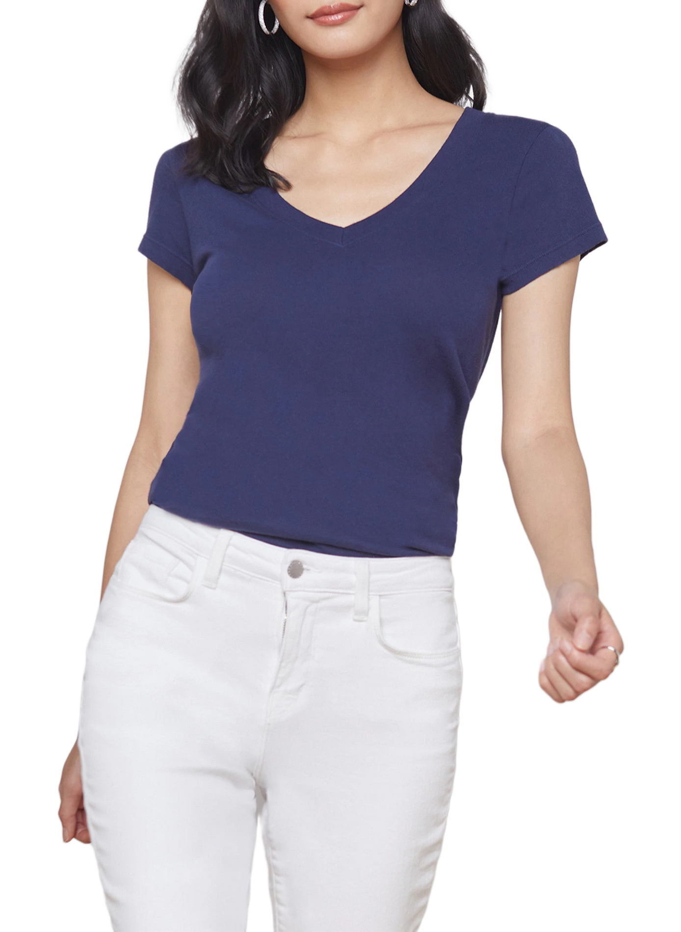 Short-sleeved V-neck cotton T-shirt L'AGENCE Blue