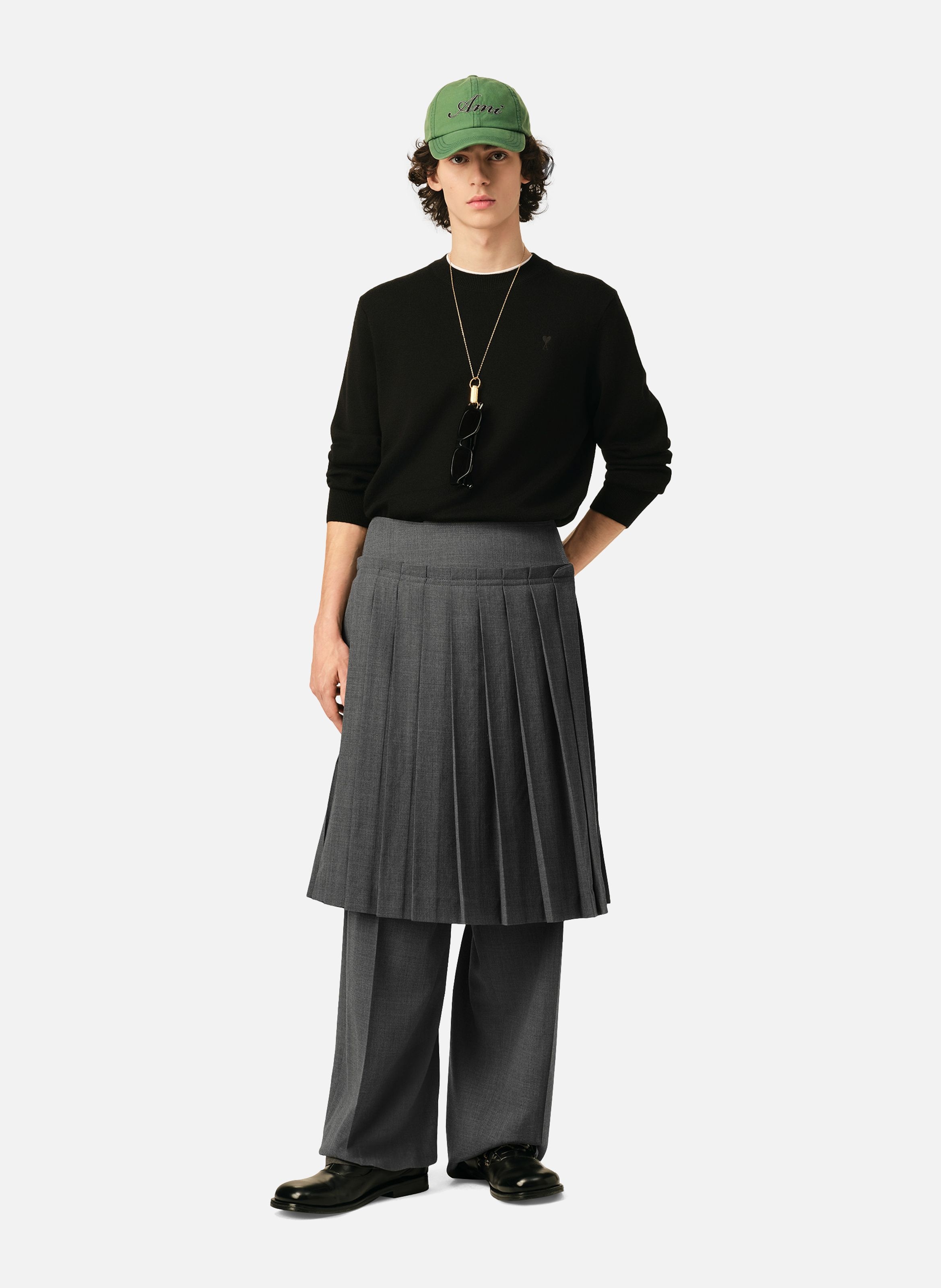 Jupe midi plissée unisexe en laine AMI PARIS Gris