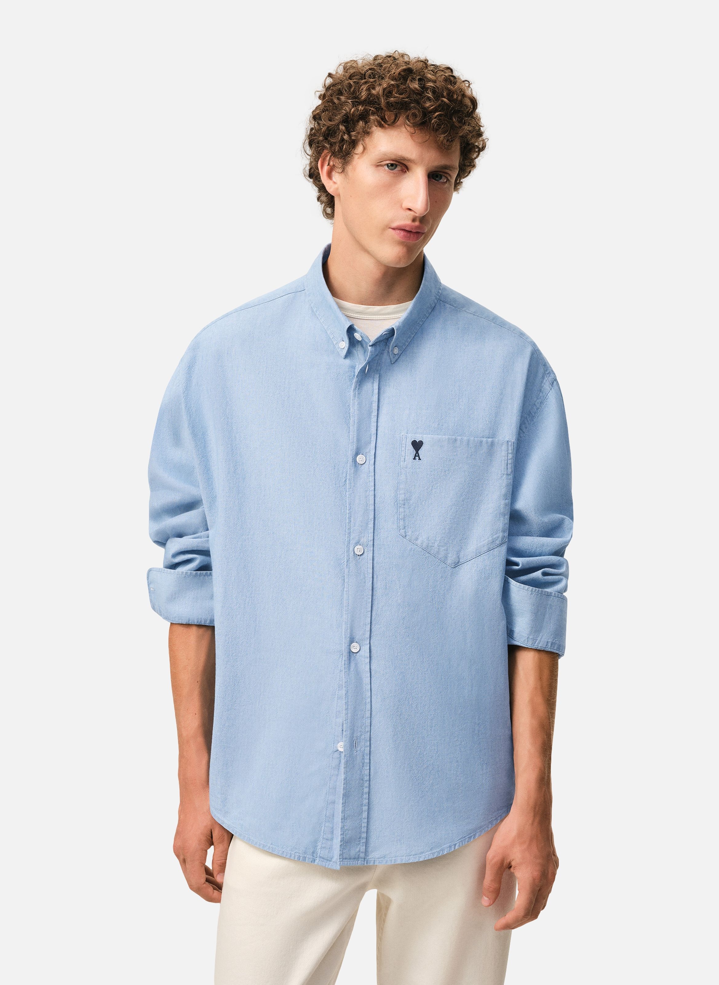 Chemise boxy ami de coeur brodé en coton AMI PARIS Bleu