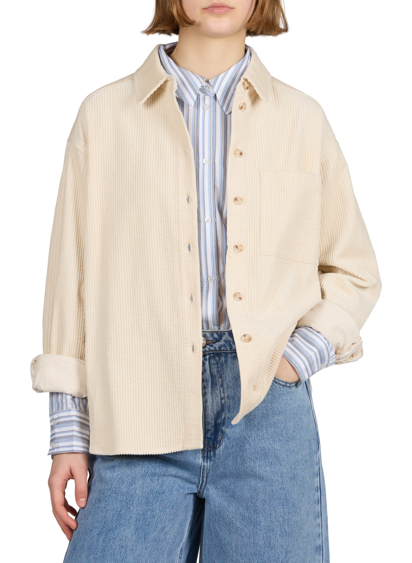 Chemise velours côtelé à col classique en coton OBJECT Beige