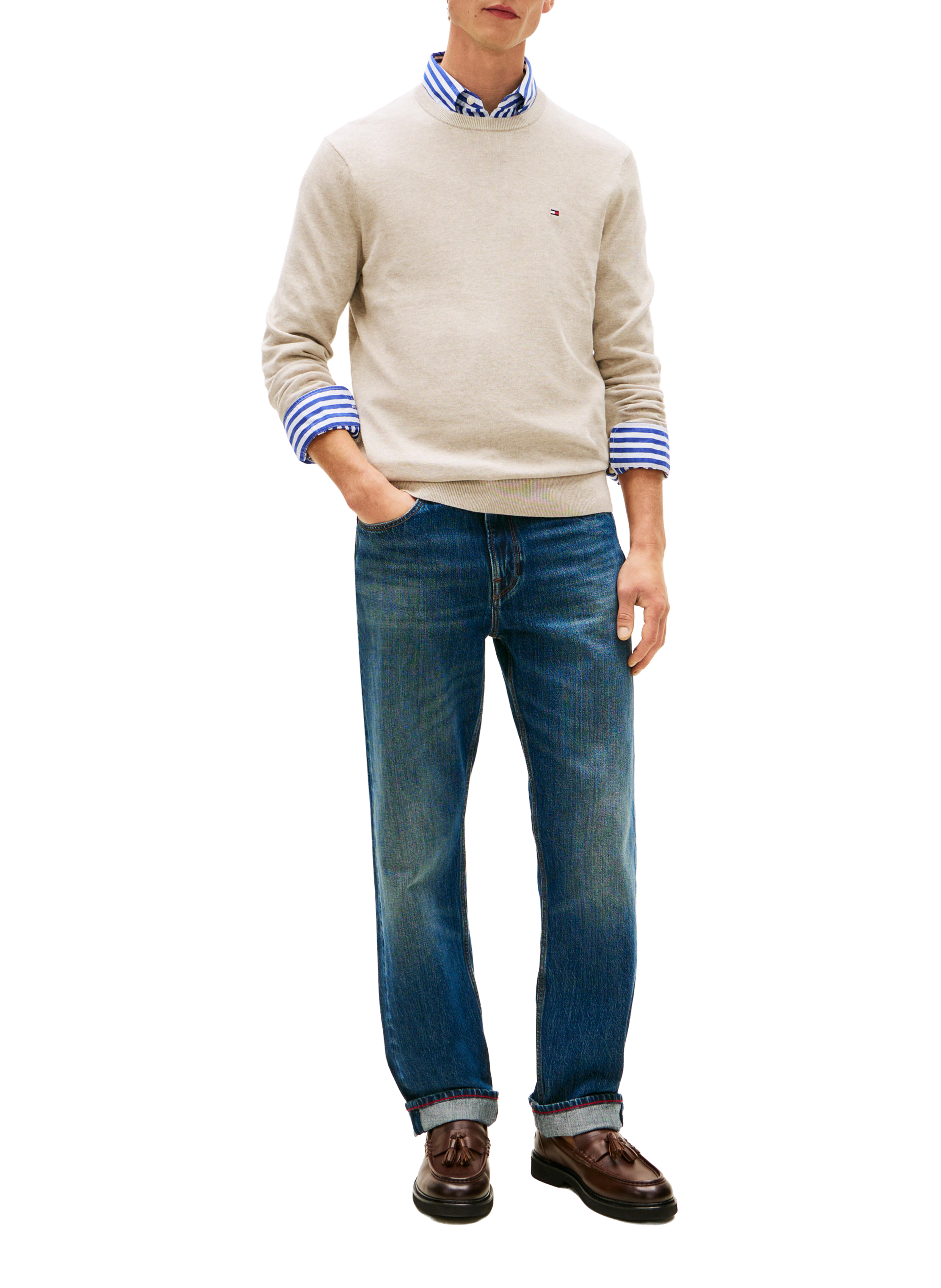 Pull à drapeau brodé en coton TOMMY HILFIGER Beige