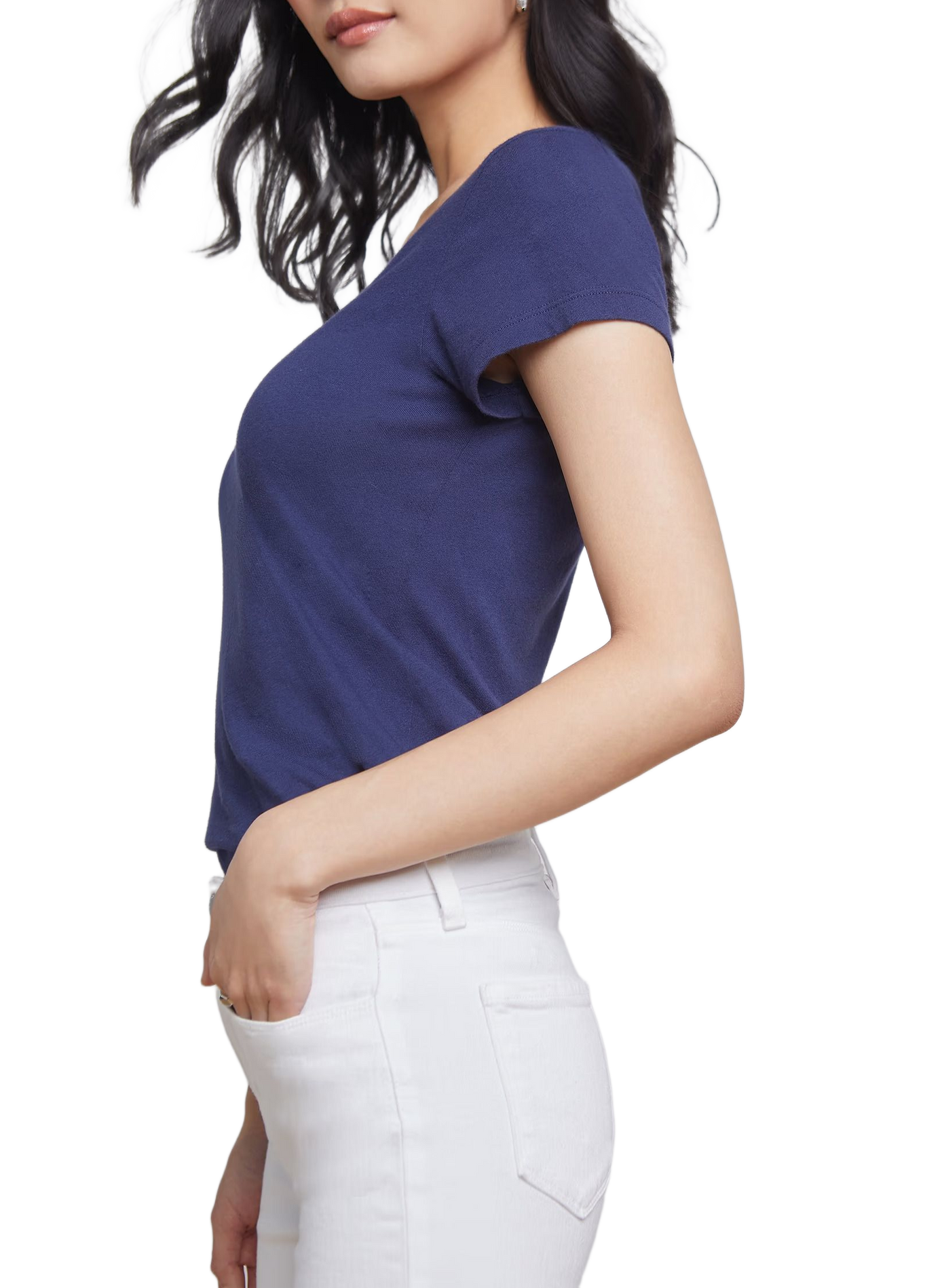 Short-sleeved V-neck cotton T-shirt L'AGENCE Blue