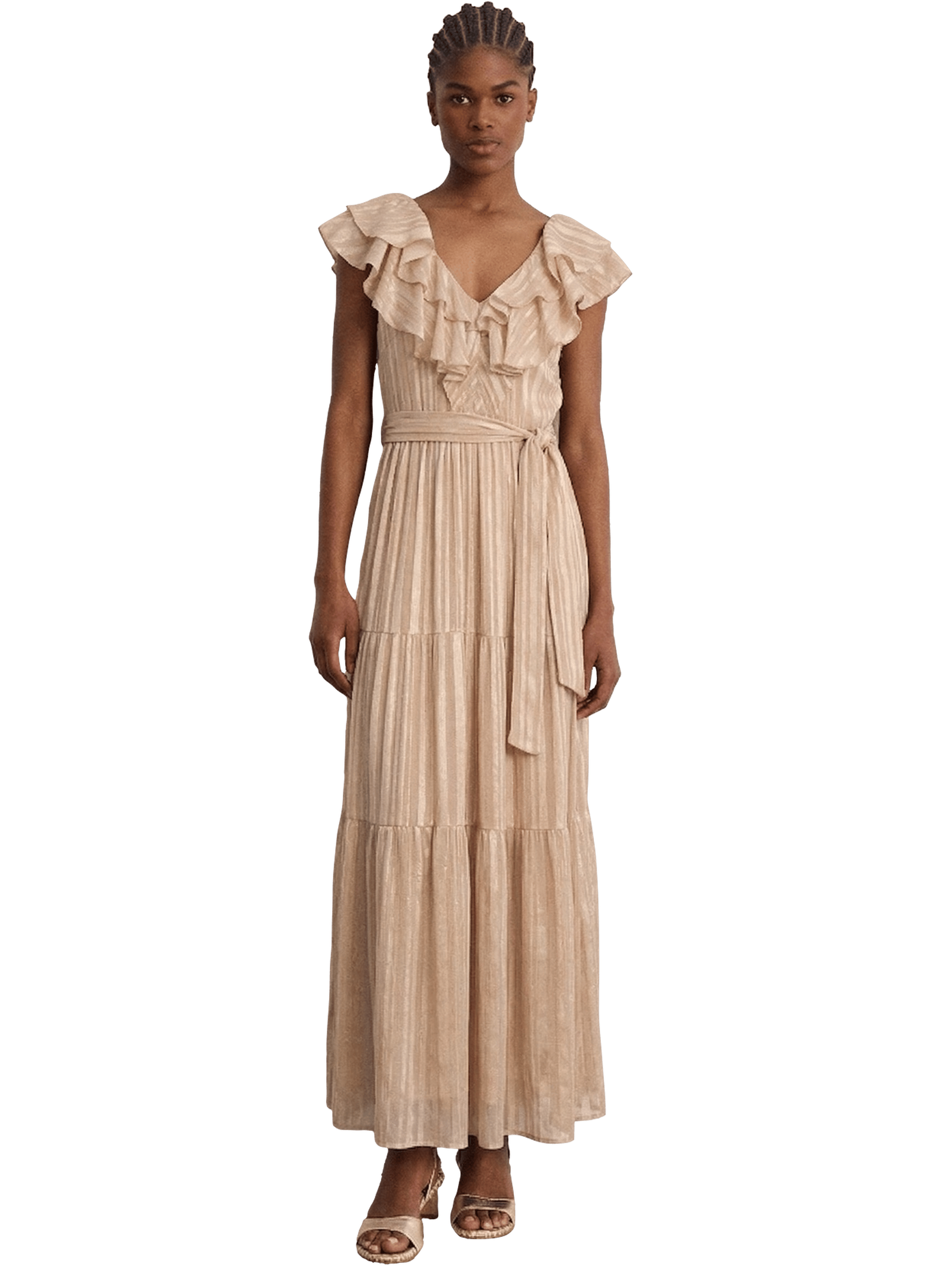 Robe longue à rayures et volants - ania Beige