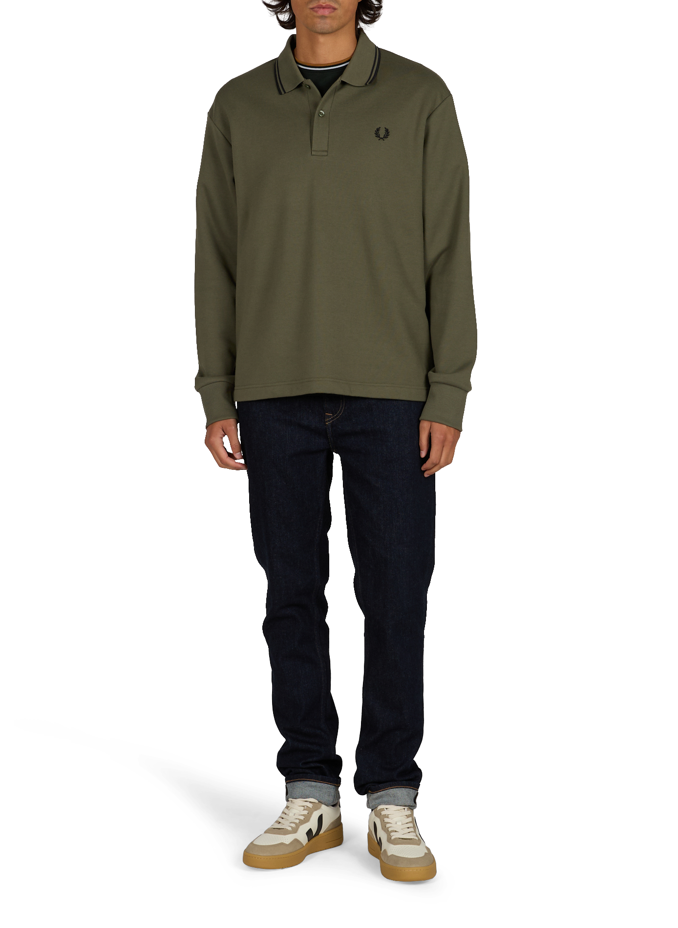 Gerader einfarbiger Langarm-Poloshirt FRED PERRY Grun