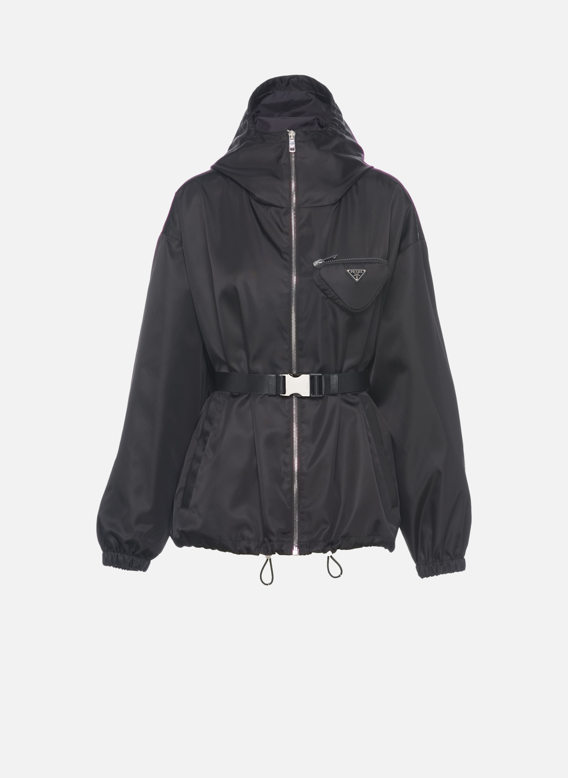 Blouson à capuche en re-nylon avec pochette PRADA Noir