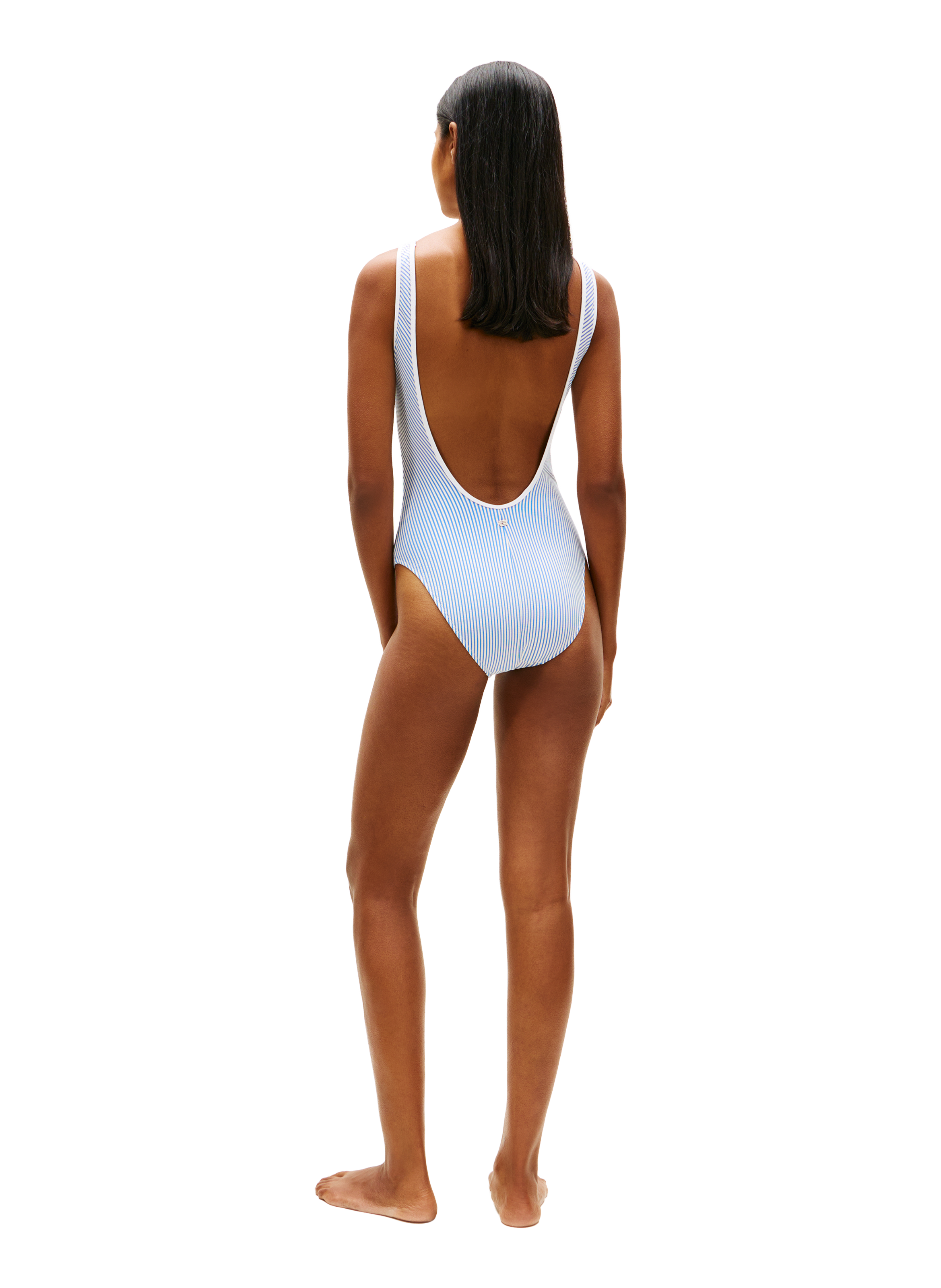 One-piece swimsuit with striped pattern, embroidered logo, and open back. TOMMY HILFIGER Blue