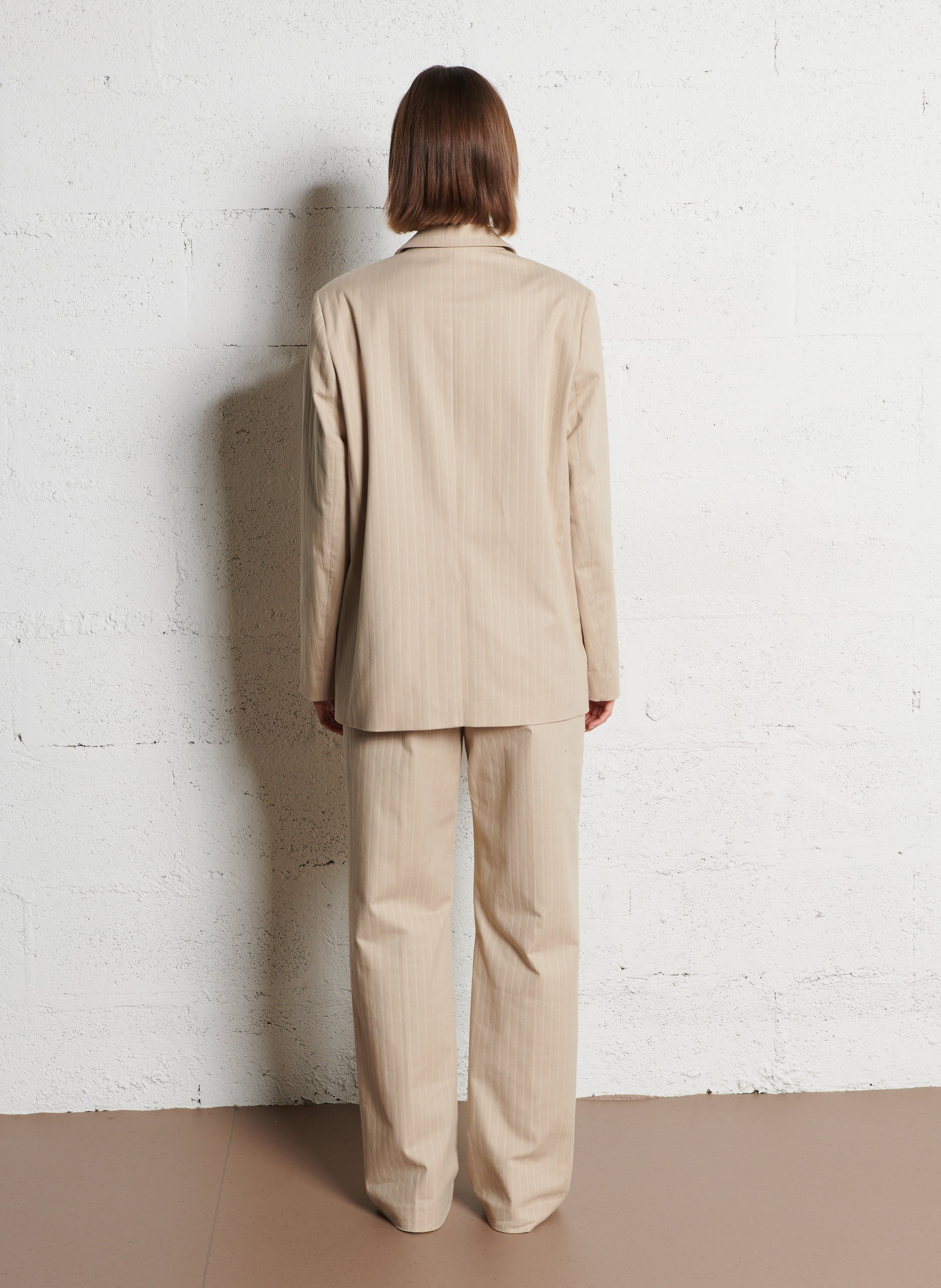 Veste tailleur droite en coton mélangé rayé IKKS Beige