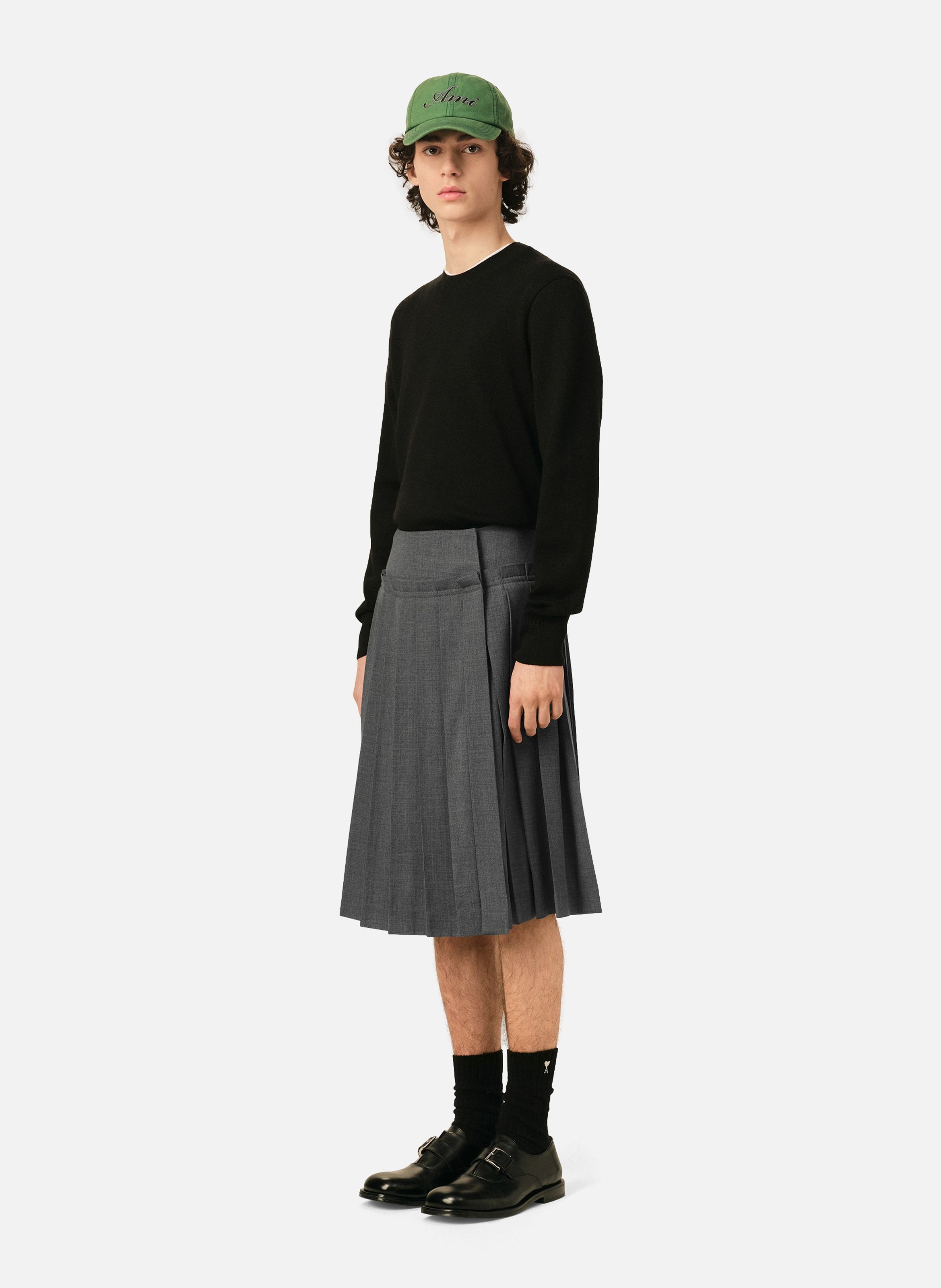 Jupe midi plissée unisexe en laine AMI PARIS Gris