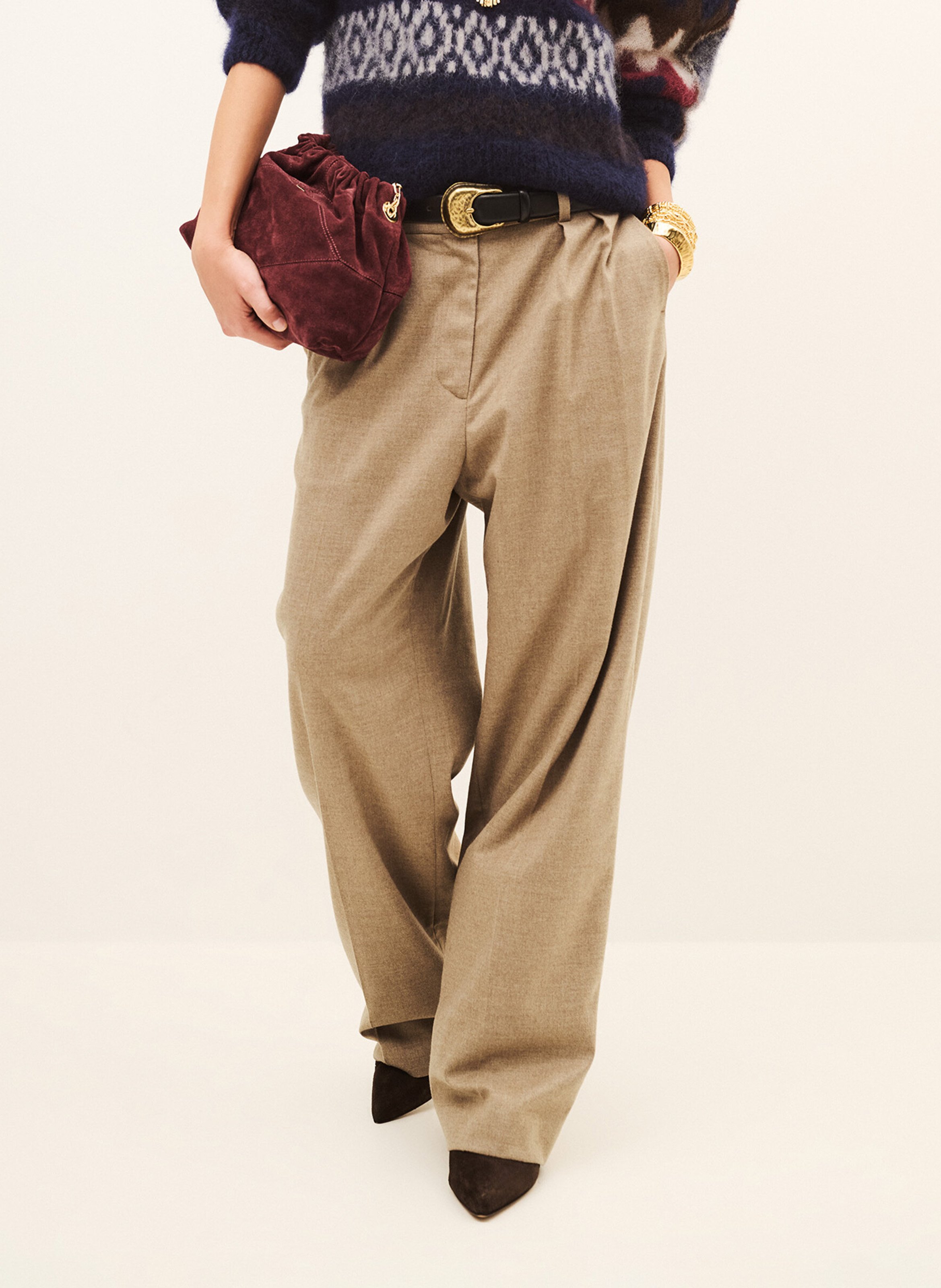 Effen pantalon met wijde pijpen en plooien Twani BA&SH Beige