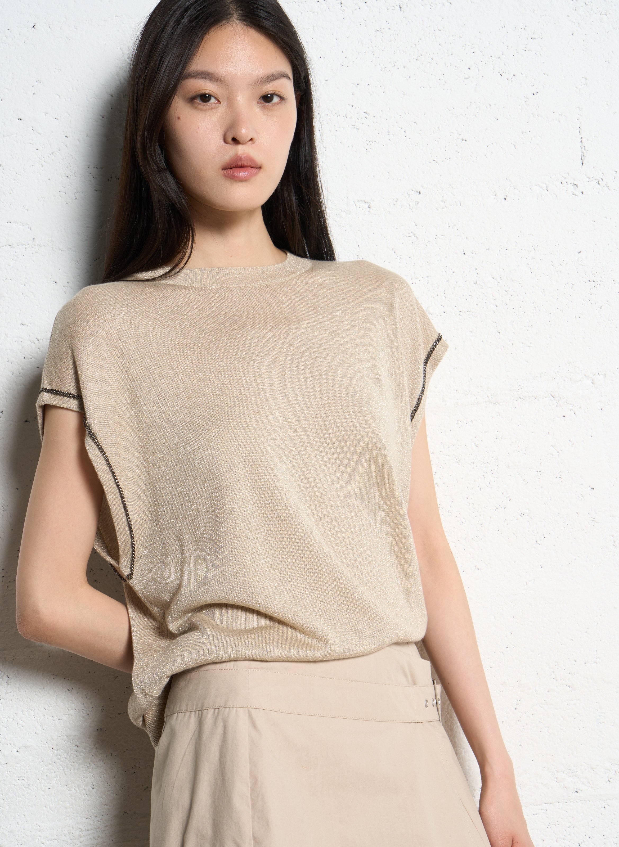 Pull droit sans manches à paillettes IKKS Beige