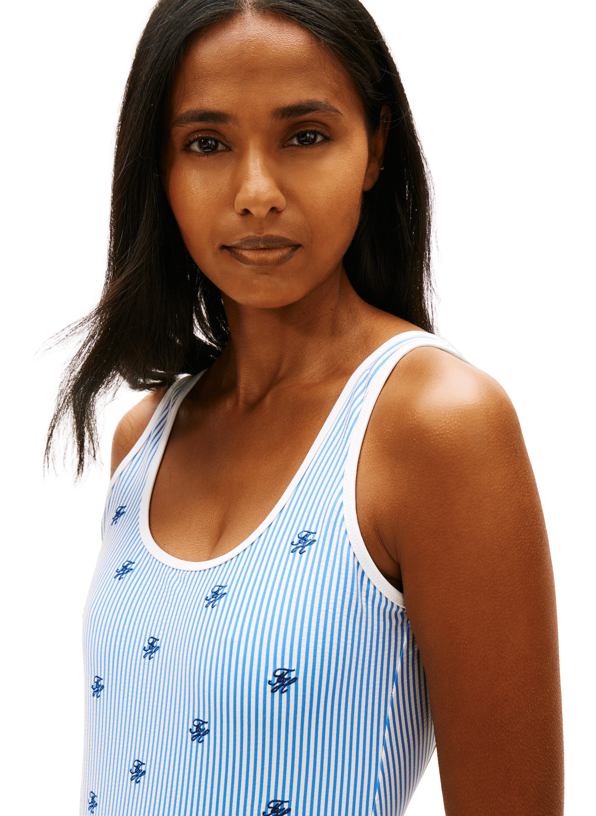 One-piece swimsuit with striped pattern, embroidered logo, and open back. TOMMY HILFIGER Blue