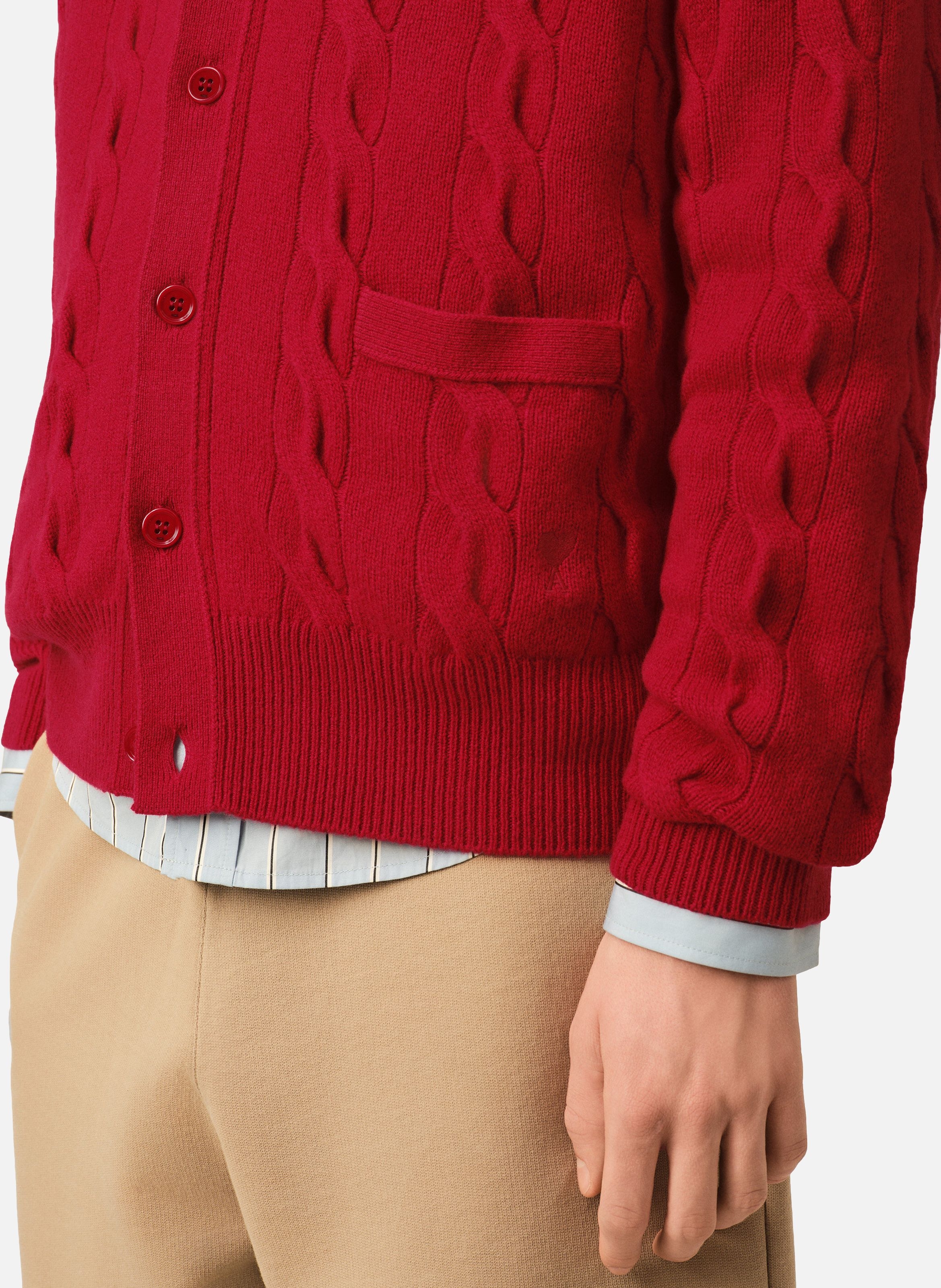 Cardigan torsadé unisexe en laine AMI PARIS Rouge