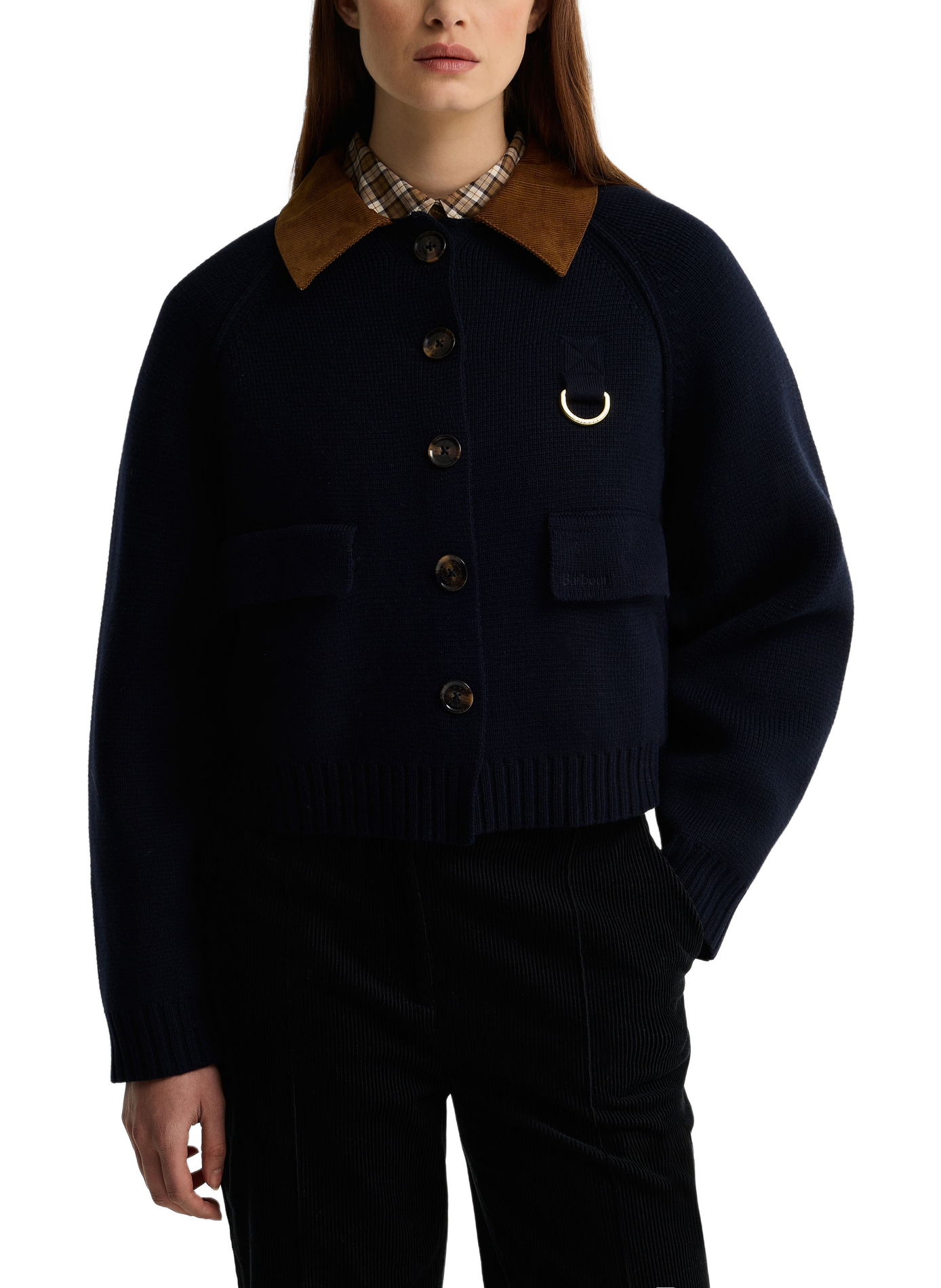 Cardigan côtelé en coton et laine mérinos BARBOUR Bleu