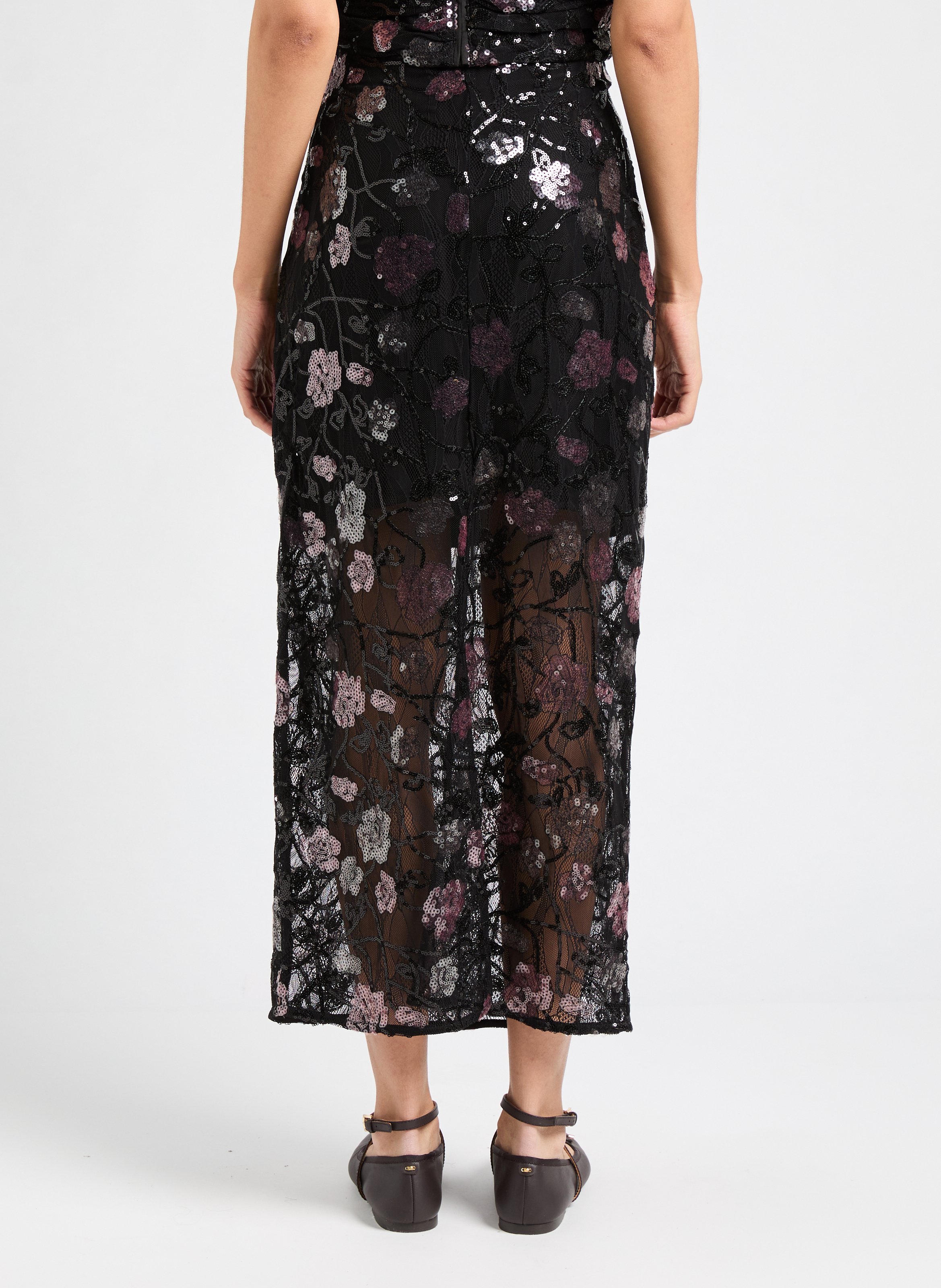 Jupe crayon à dentelle et pailettes ROTATE Noir