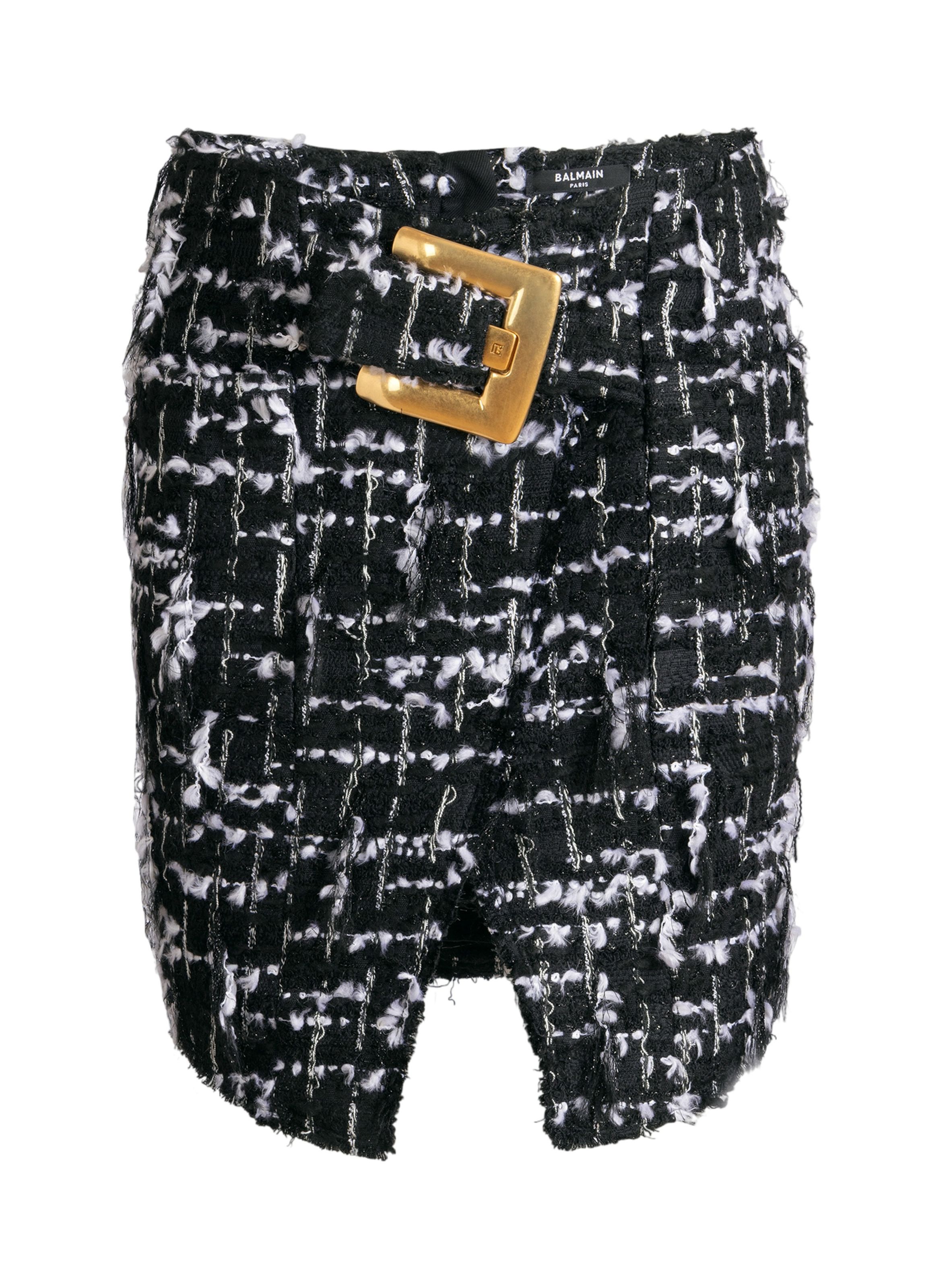 Jupe ceinturée en tweed frangé BALMAIN Noir