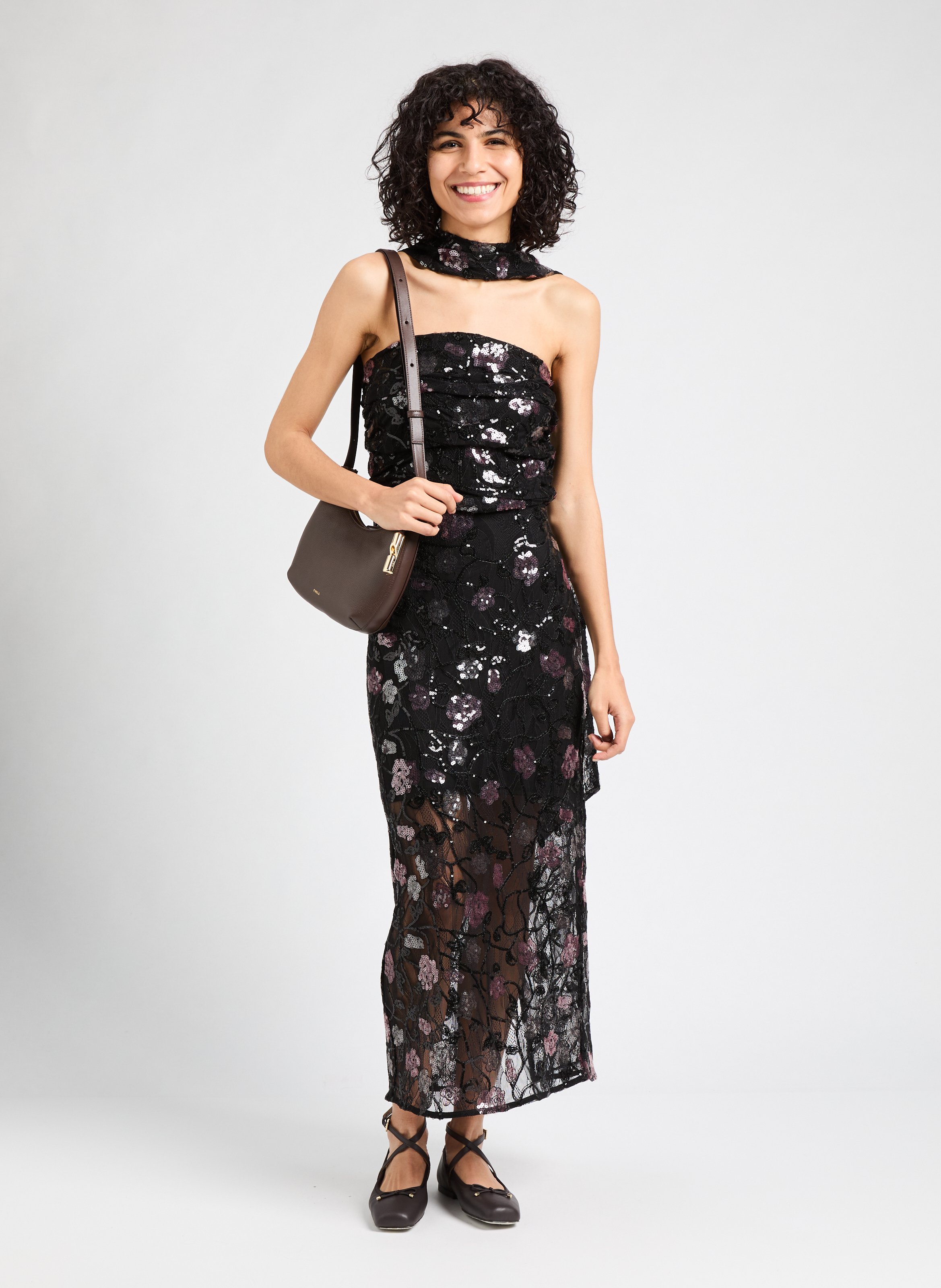 Jupe crayon à dentelle et pailettes ROTATE Noir