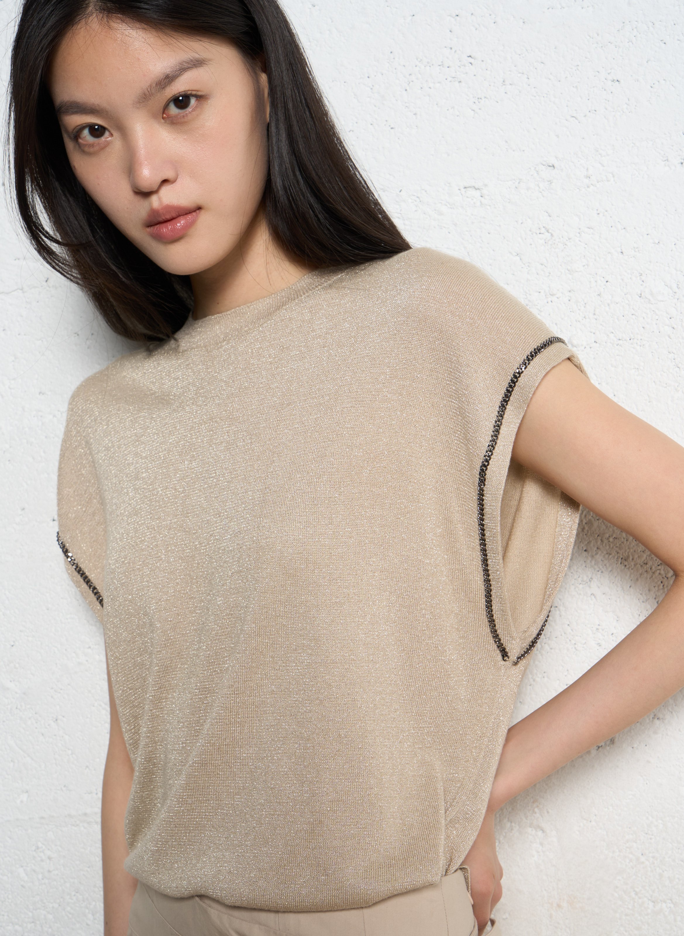 Pull droit sans manches à paillettes IKKS Beige