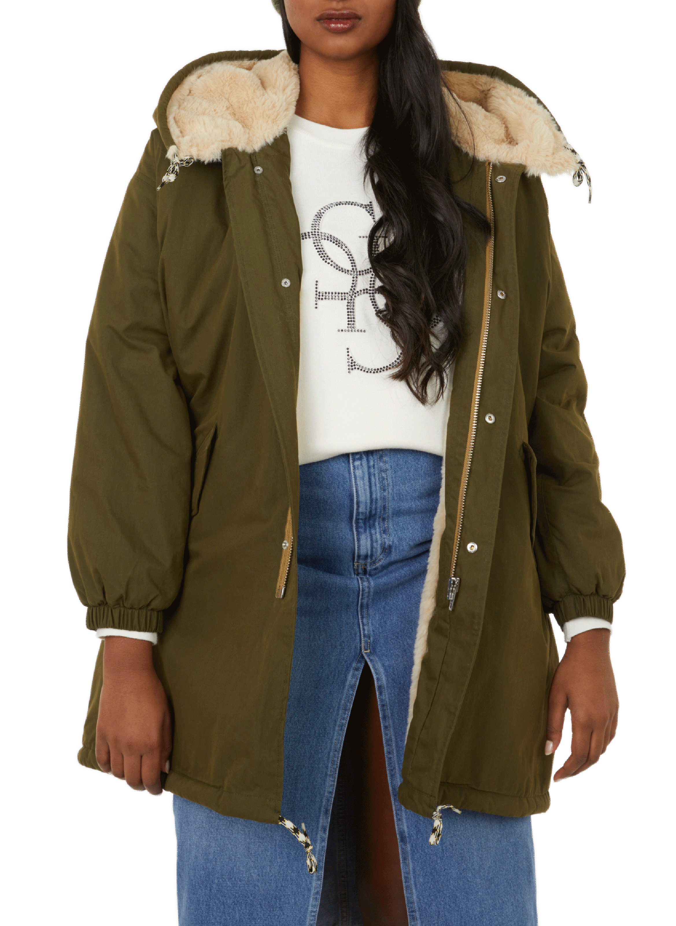 Hooded parka Zipper and button closureFaux fur liningDrawstrings at the bottom BELLEROSE Khaki