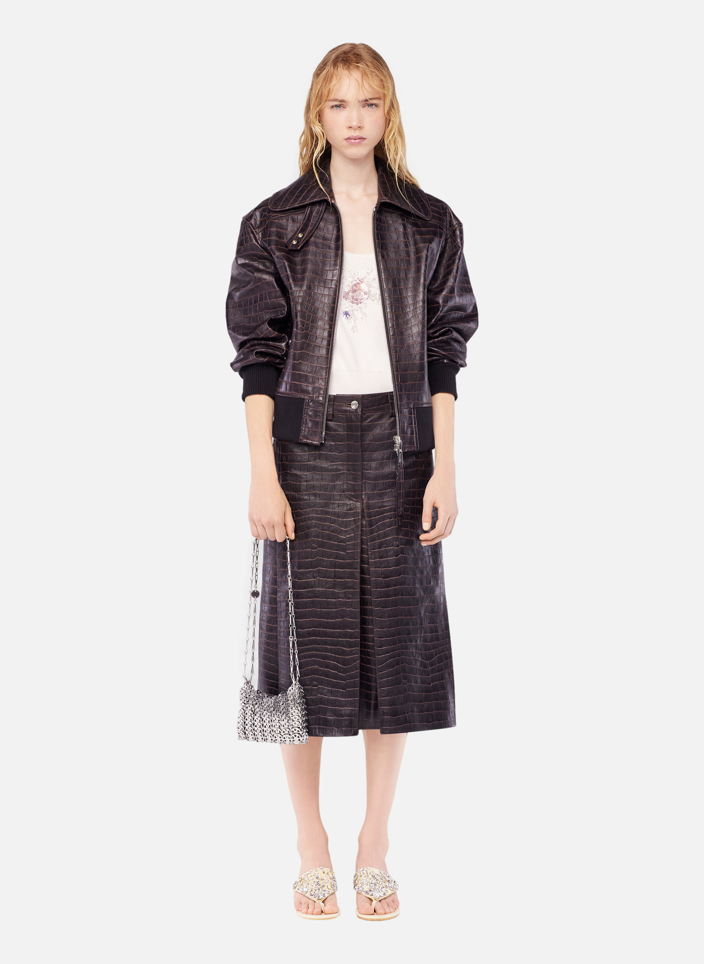 Blouson aviateur en cuir RABANNE Marron