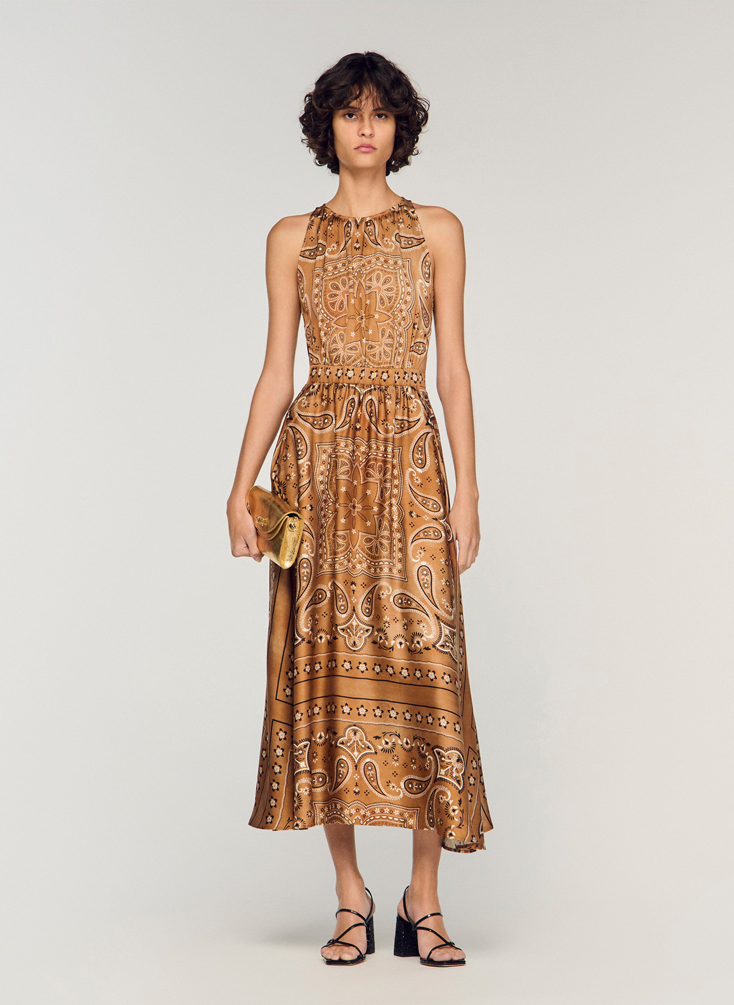 Robe midi col rond imprimée SANDRO Marron