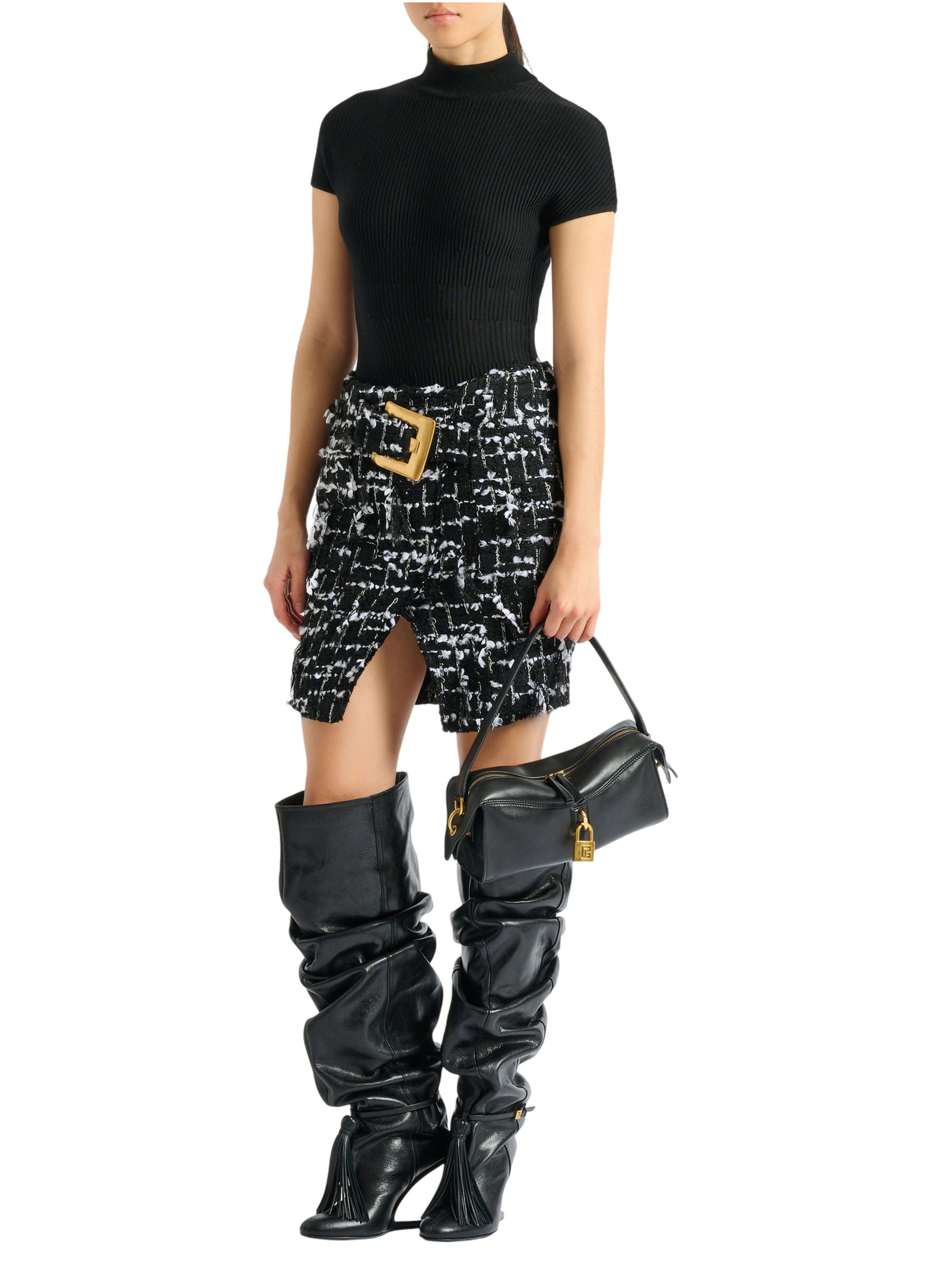 Jupe ceinturée en tweed frangé BALMAIN Noir