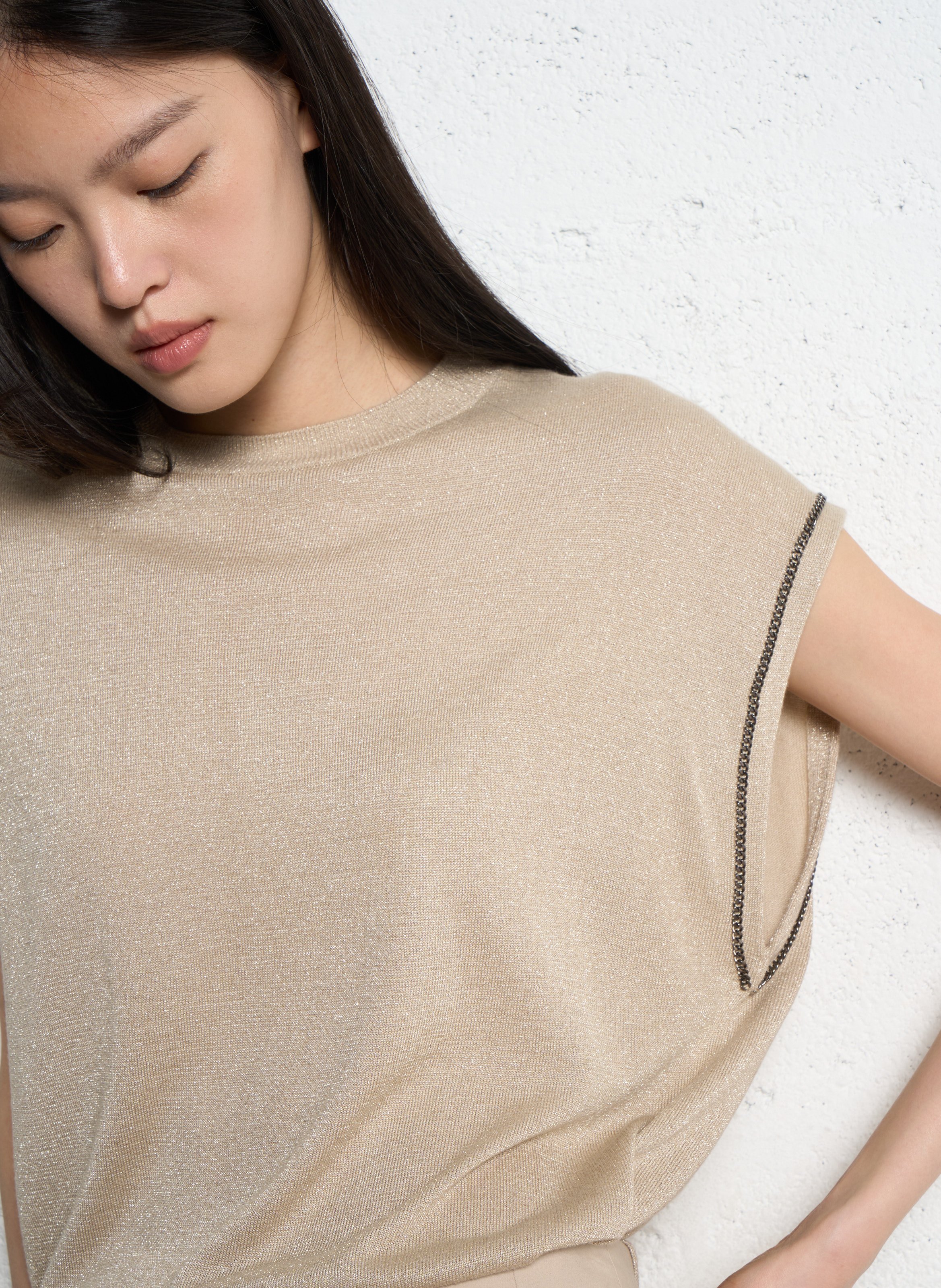 Pull droit sans manches à paillettes IKKS Beige