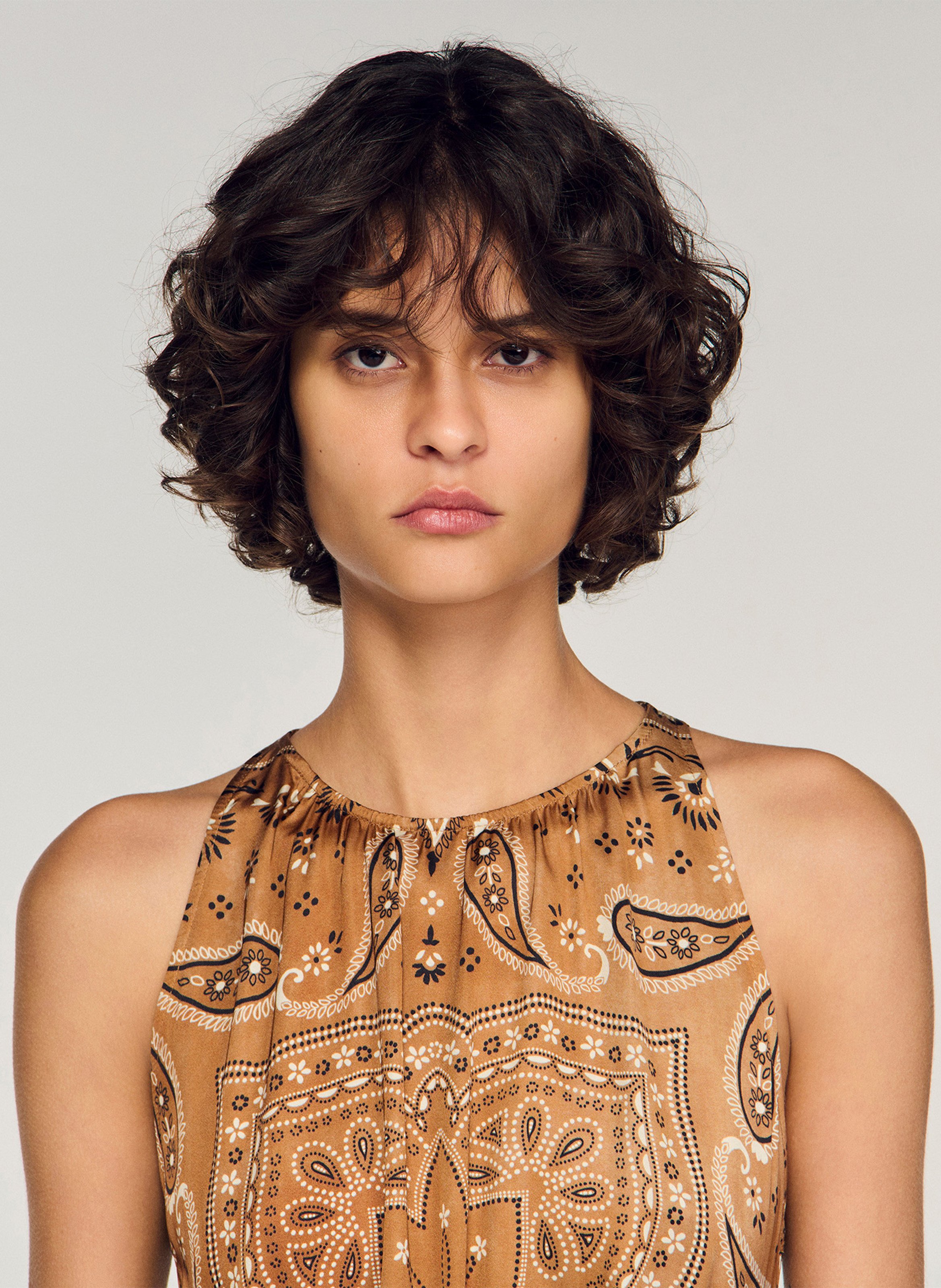 Robe midi col rond imprimée SANDRO Marron