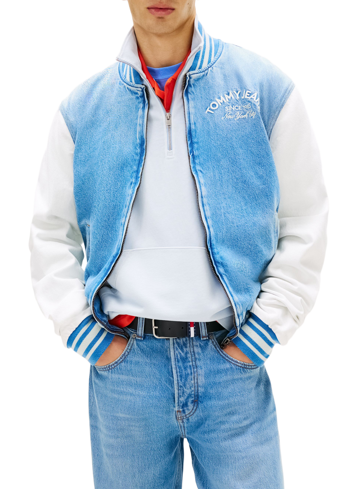 Denim bomber jacket with contrasting sleeves in cotton TOMMY HILFIGER Blue