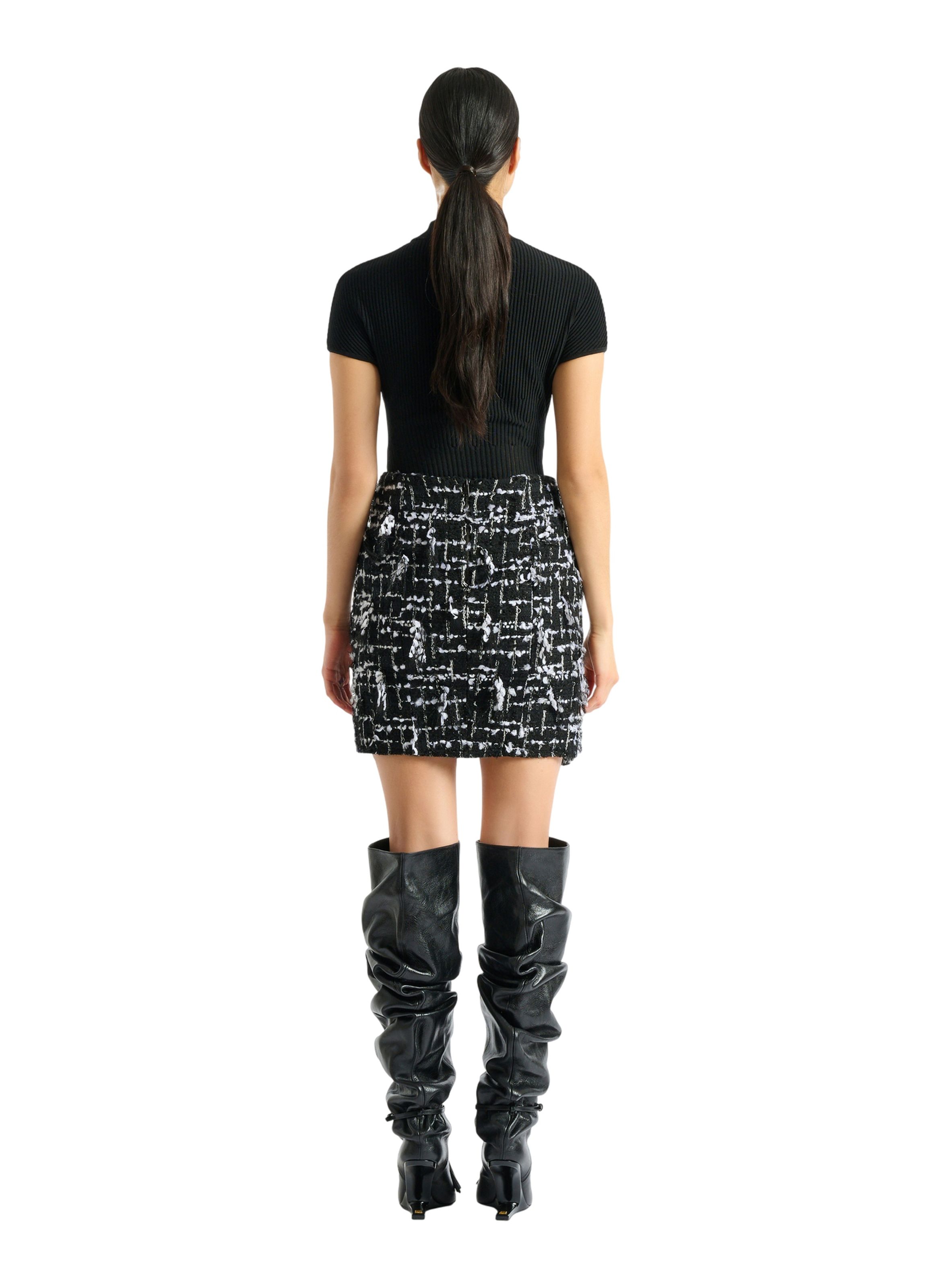 Jupe ceinturée en tweed frangé BALMAIN Noir