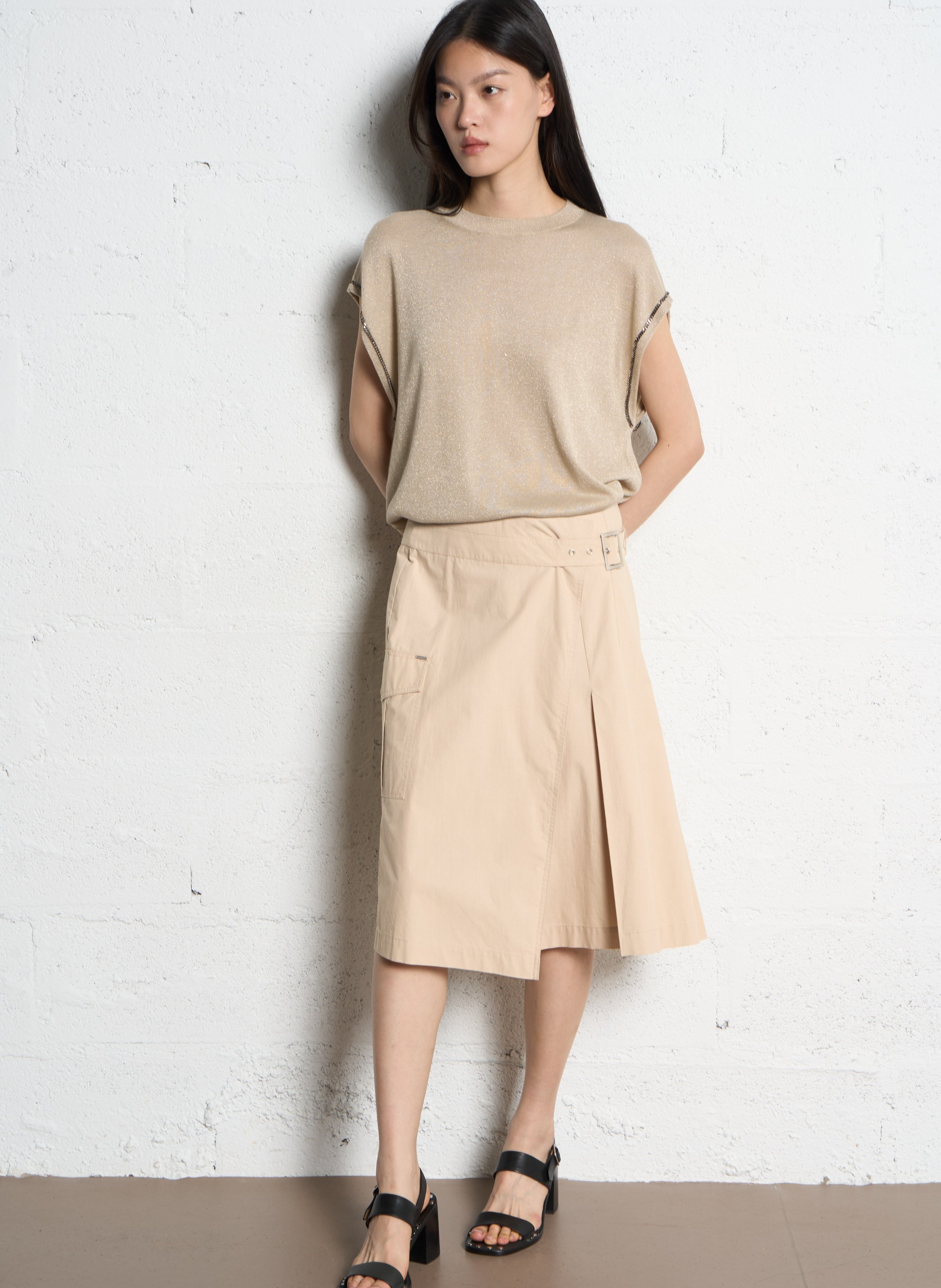 Pull droit sans manches à paillettes IKKS Beige