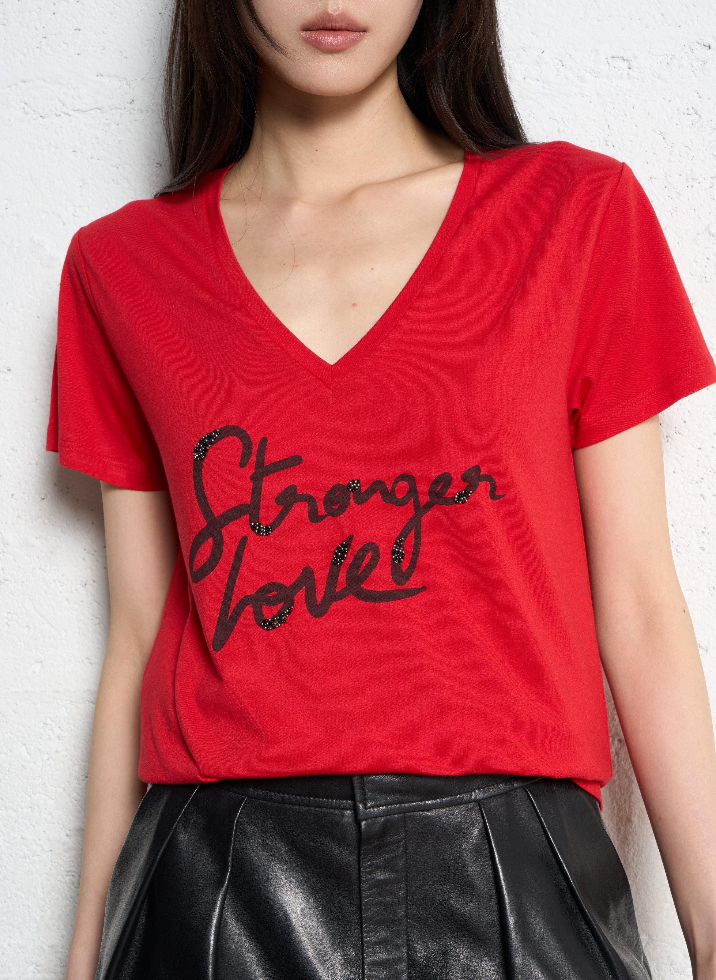 Tee-shirt col v en coton mélangé IKKS Rouge