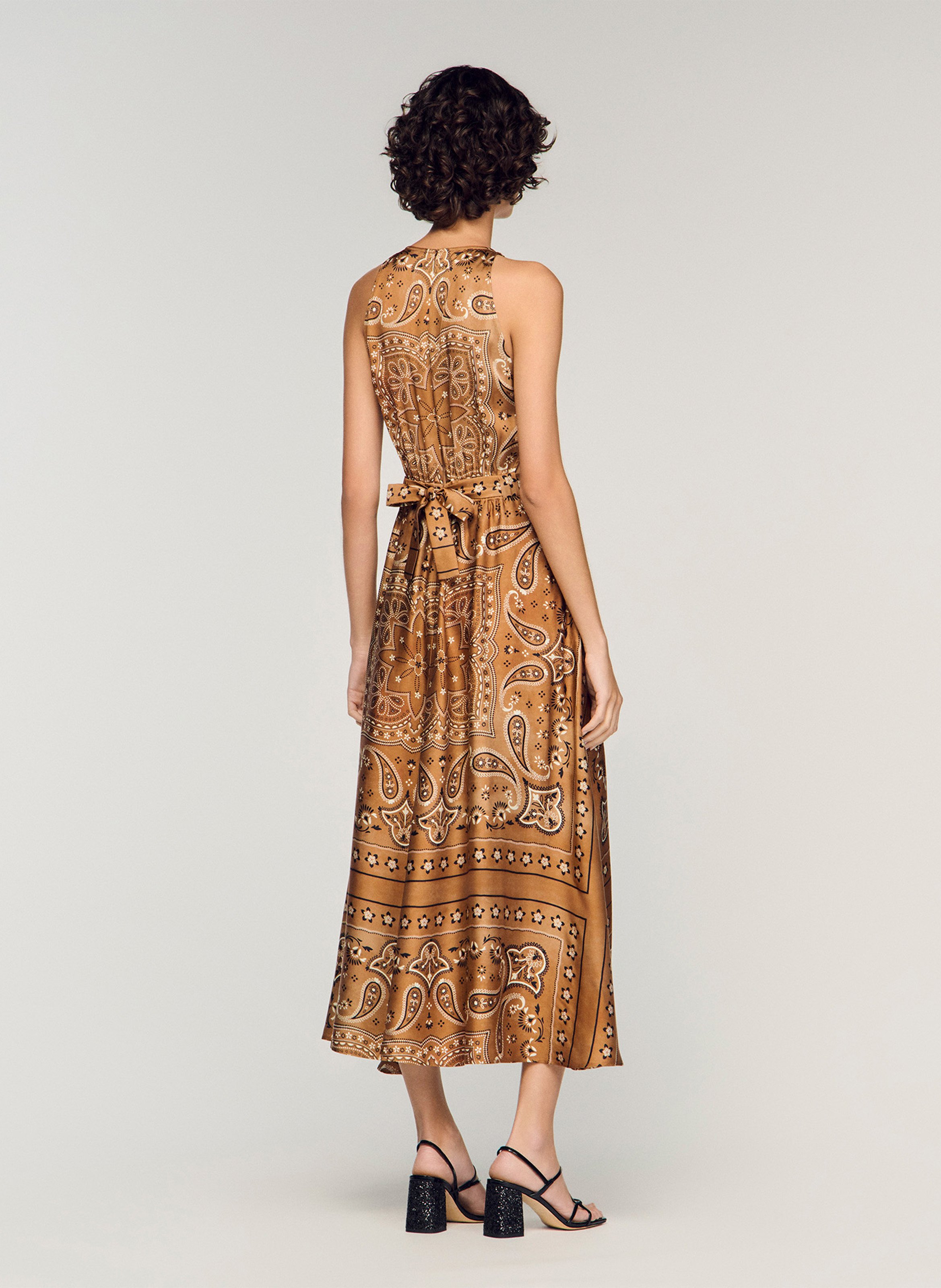 Robe midi col rond imprimée SANDRO Marron