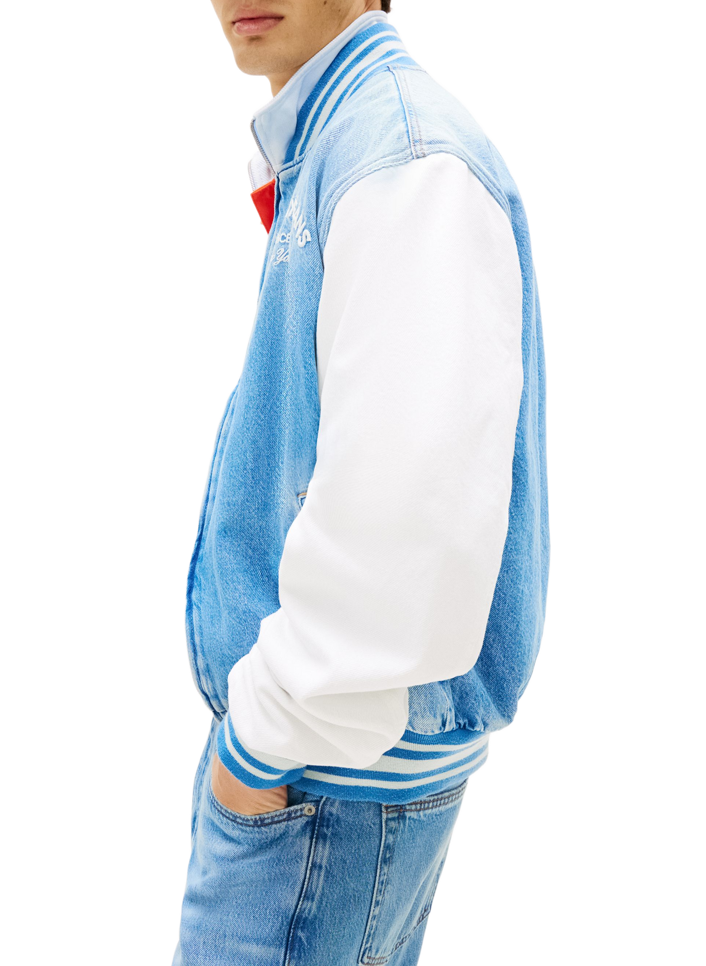 Denim bomber jacket with contrasting sleeves in cotton TOMMY HILFIGER Blue