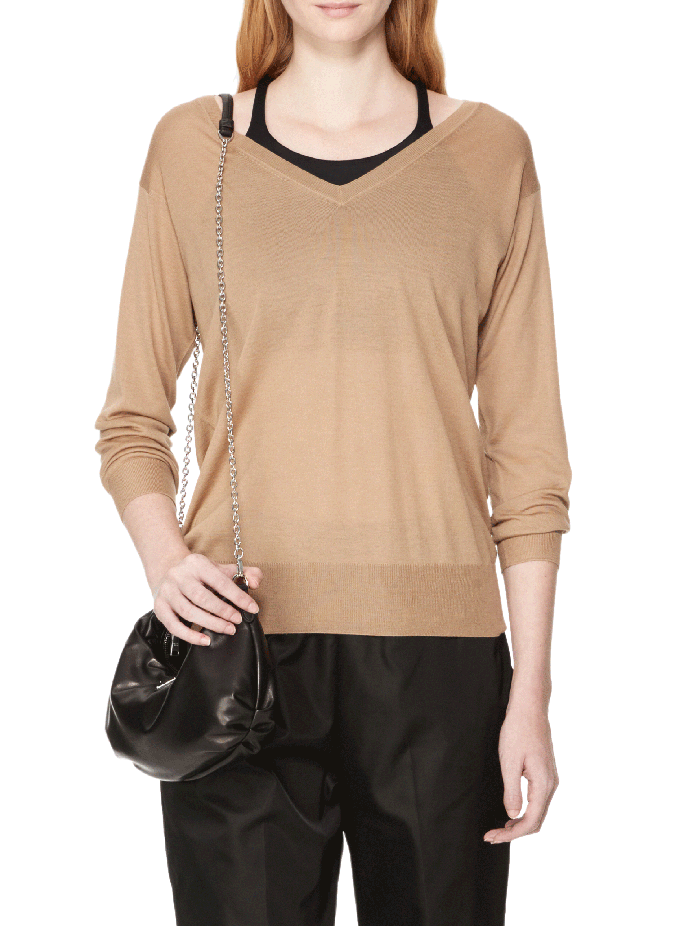 Pull col V en laine vierge PRADA Beige