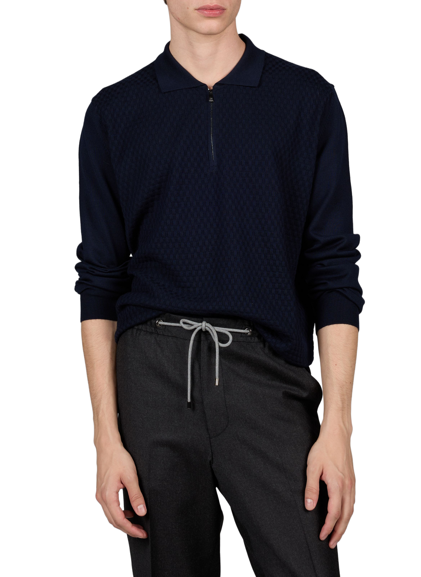Pull zippé en maille torsadée en laine vierge CORNELIANI Bleu