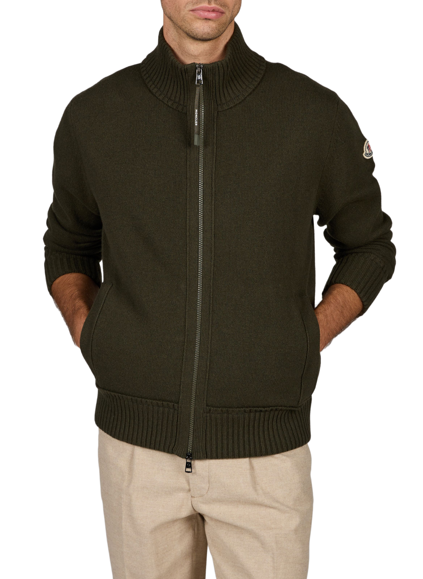 CARDIGAN ruimvallend gebreid met opstaande kraag van wol en kasjmier MONCLER Groen