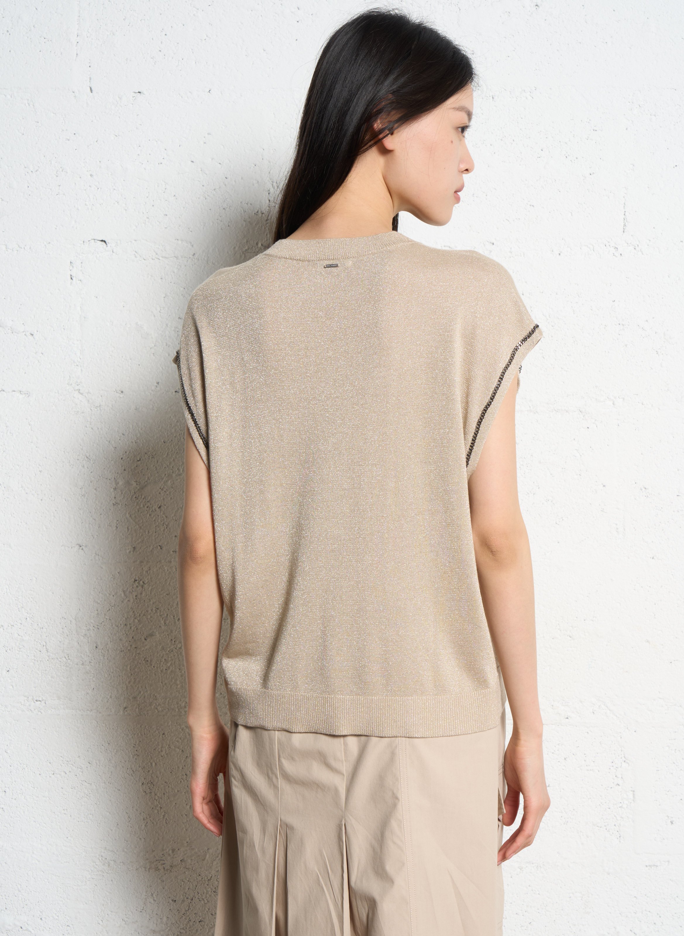 Pull droit sans manches à paillettes IKKS Beige