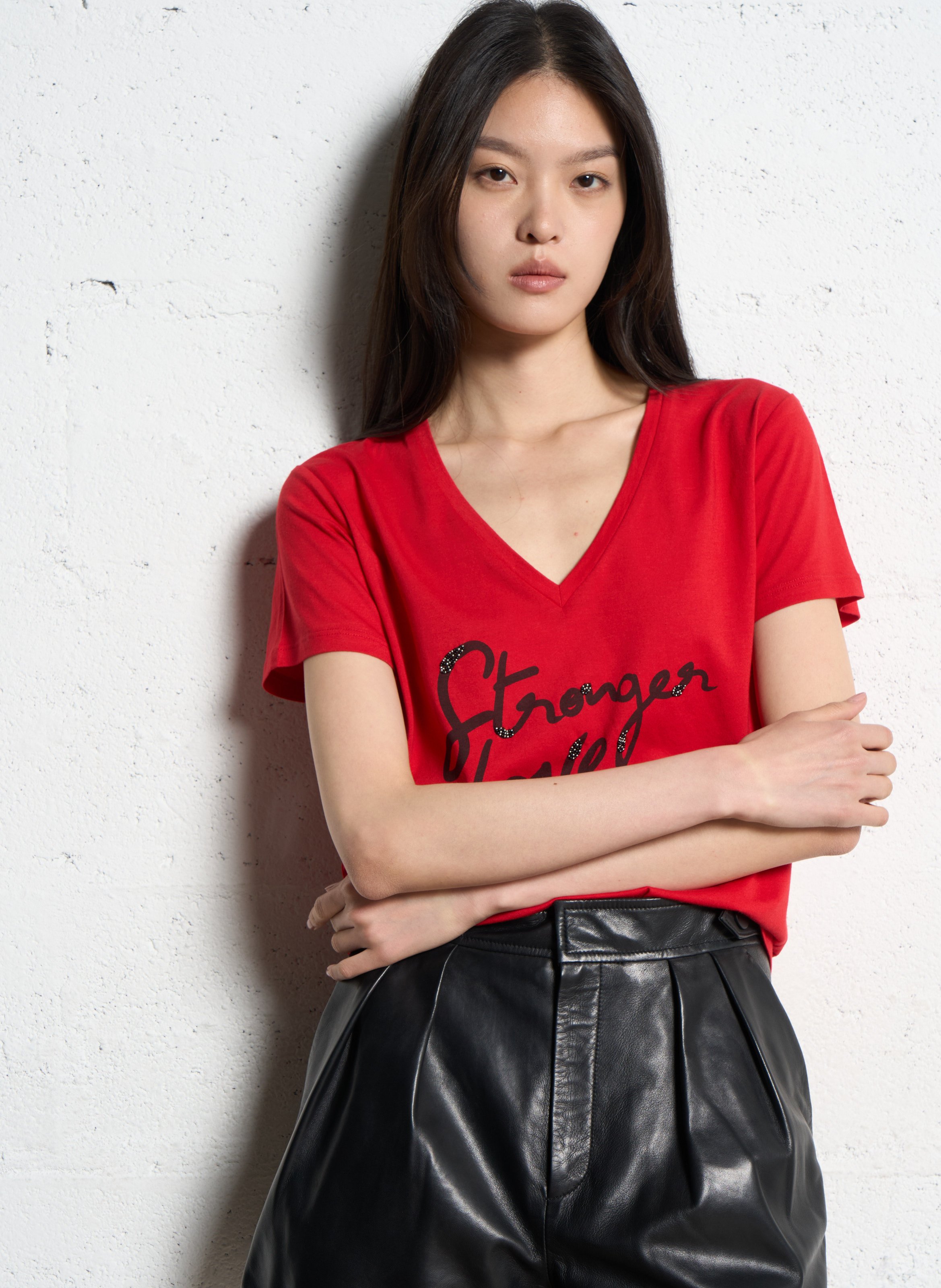 Tee-shirt col v en coton mélangé IKKS Rouge