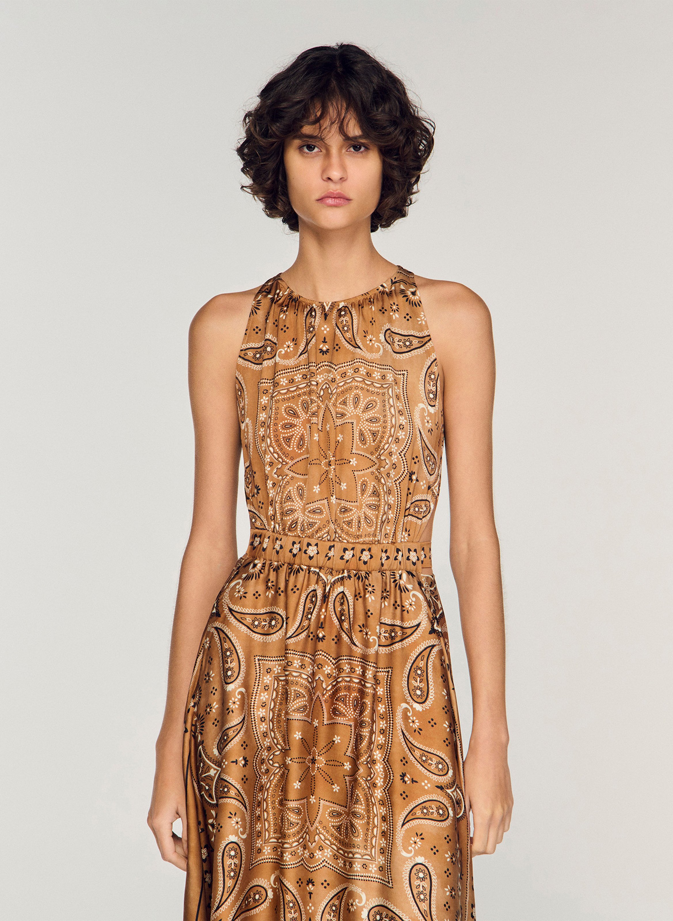 Robe midi col rond imprimée SANDRO Marron