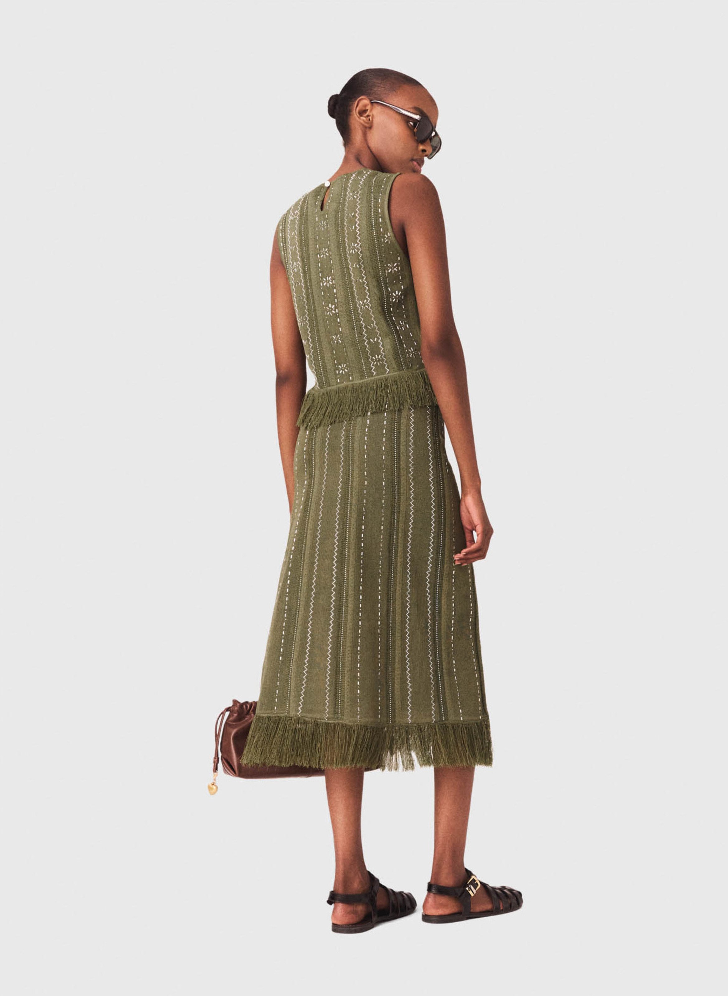 Jupe en maille avec fleurs strassé MAJE Kaki