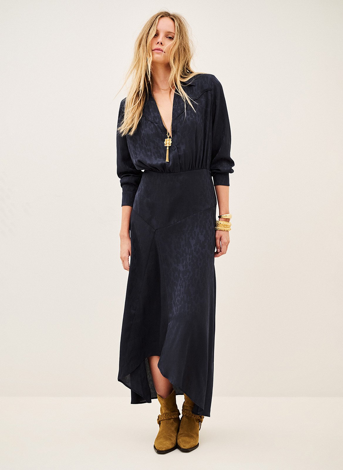 Lange getailleerde jurk met asymmetrische V-hals Helia BA&SH Blauw