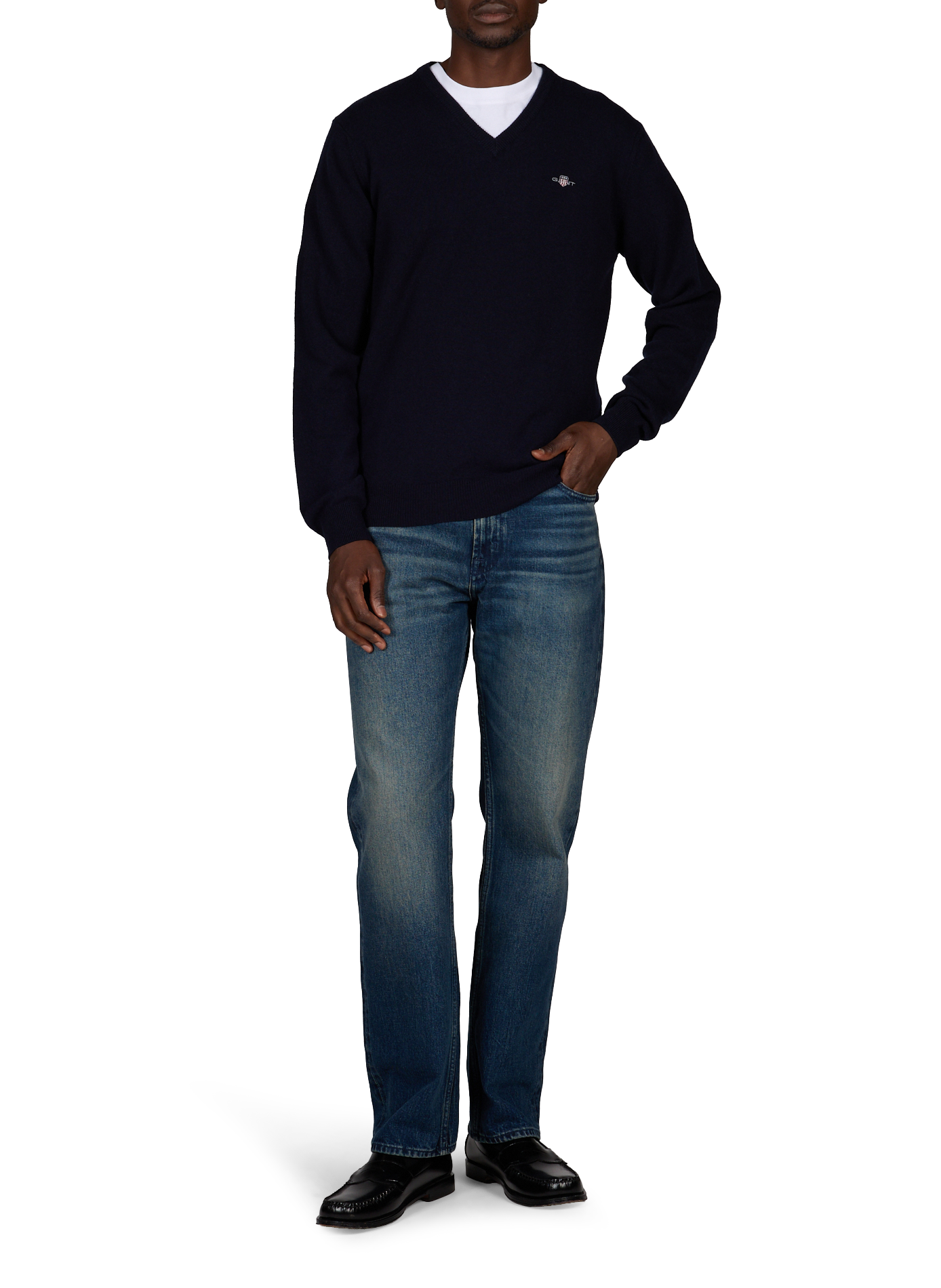 Pull droit à col V en laine mérinos GANT Bleu