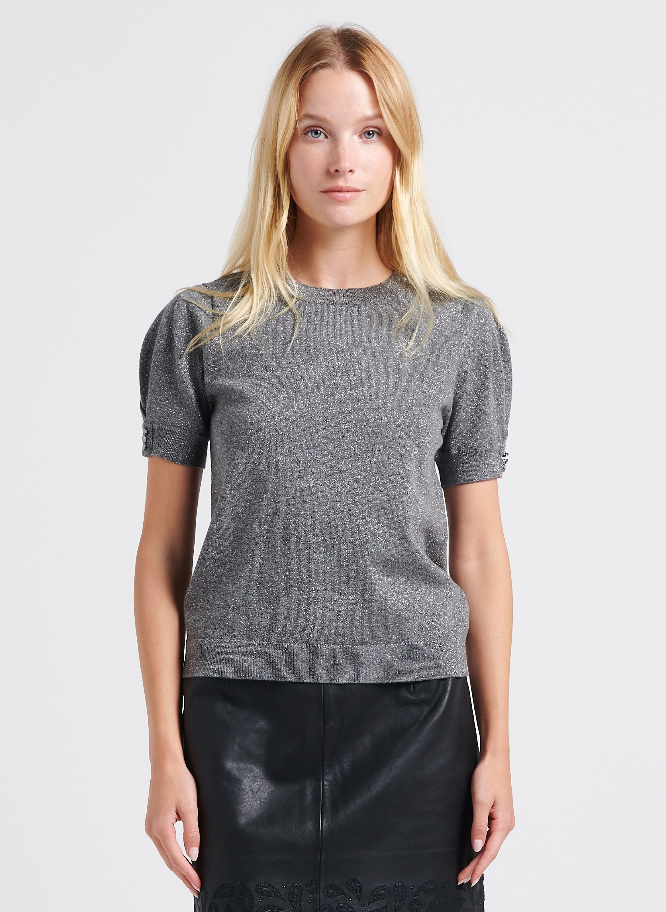 Pull col rond à fils métallisés en coton mélangé