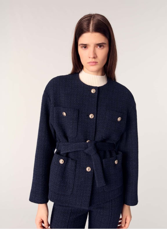 Veste ceinturée en tweed Bleu by MAJE MAJE Veste ceinturée en tweed Bleu