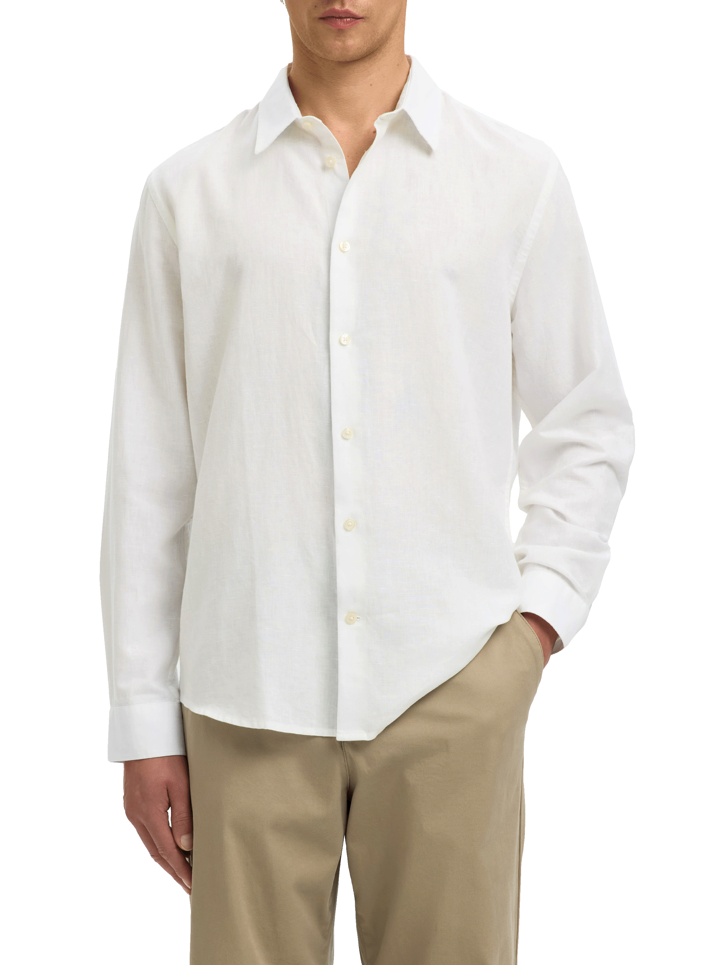 Solid shirt with a button-down collar in linen and cotton SELECTED White