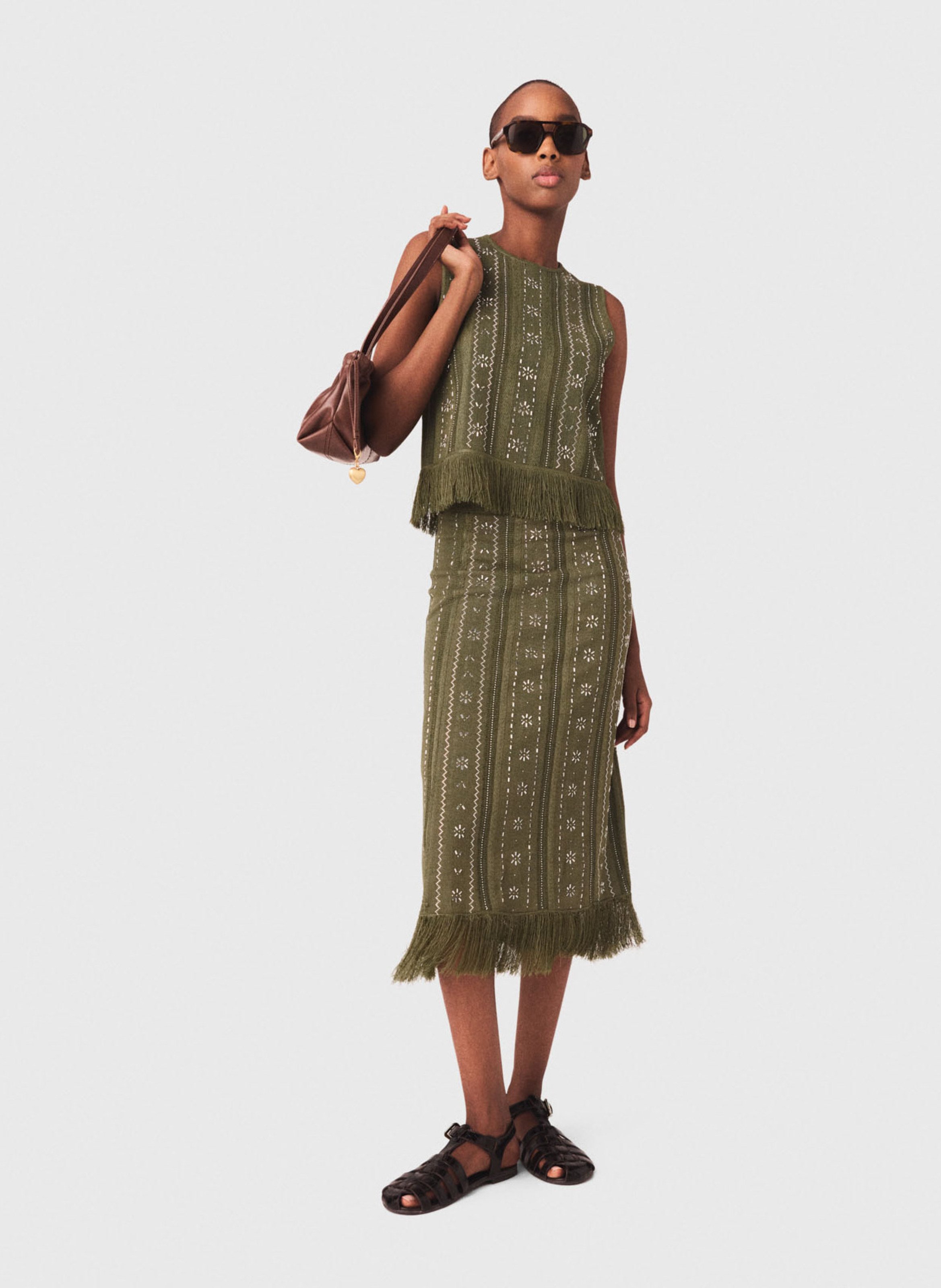 Jupe en maille avec fleurs strassé MAJE Kaki