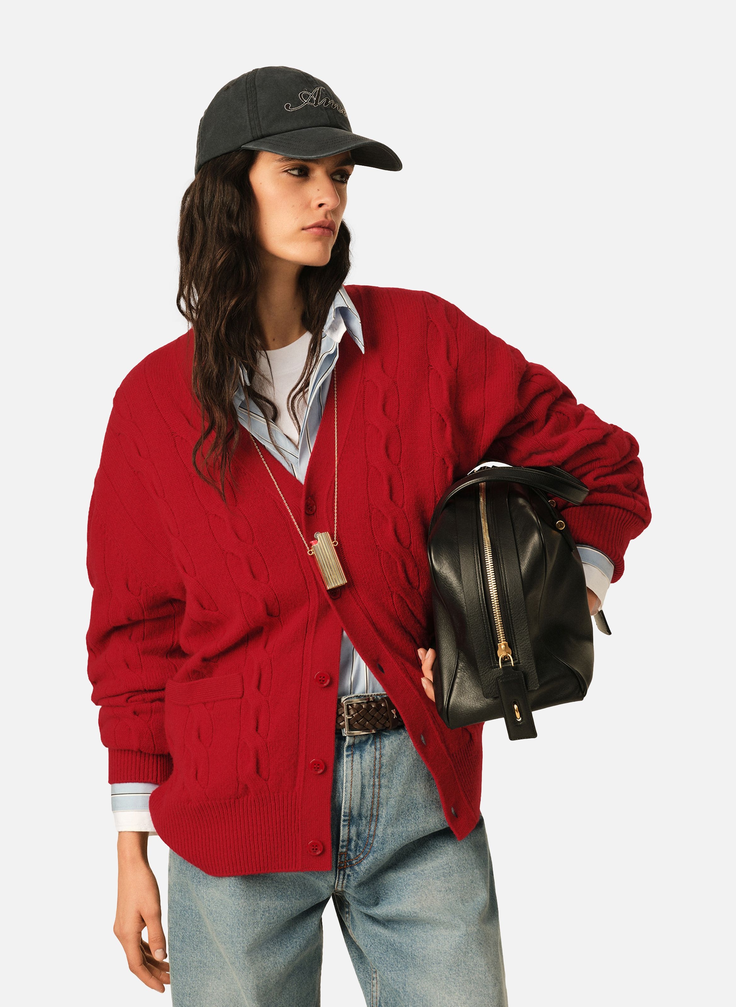 Cardigan torsadé unisexe en laine AMI PARIS Rouge