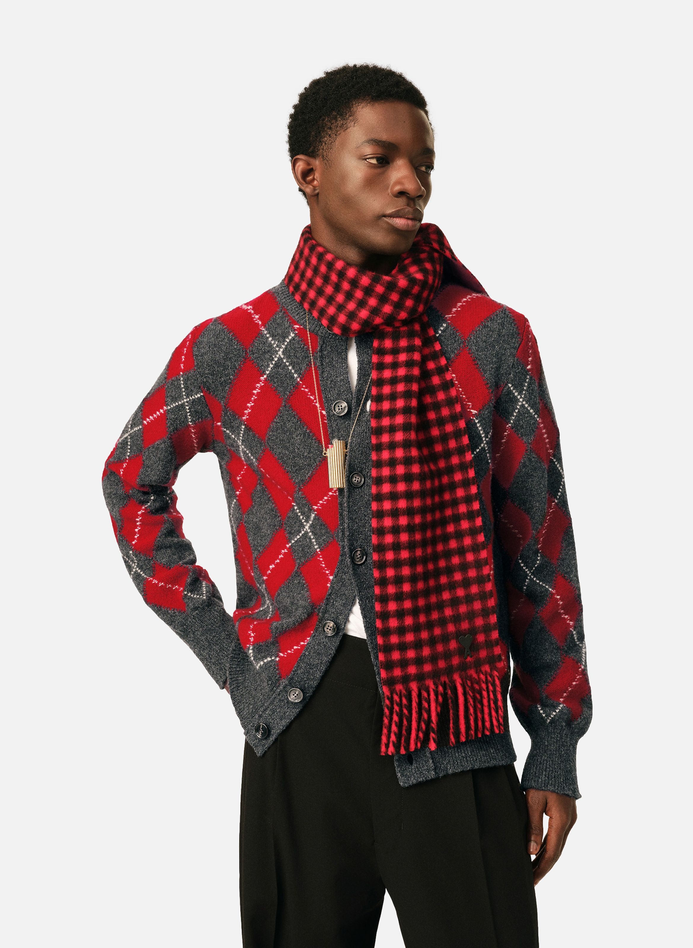 Cardigan motif argyle en laine AMI PARIS Gris