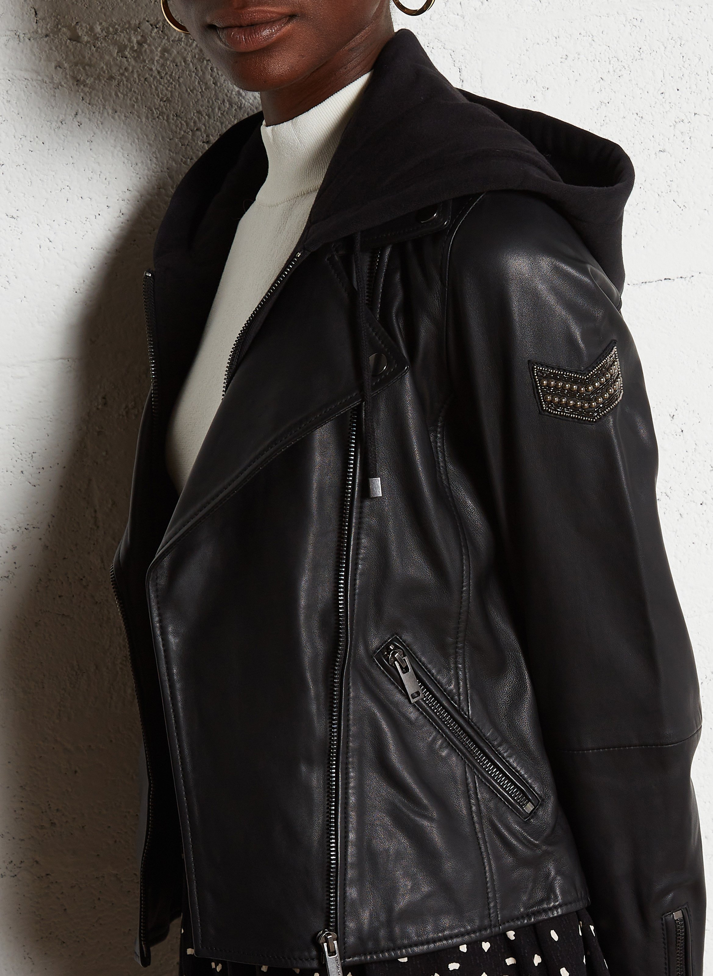 Blouson à capuche en cuir IKKS Noir