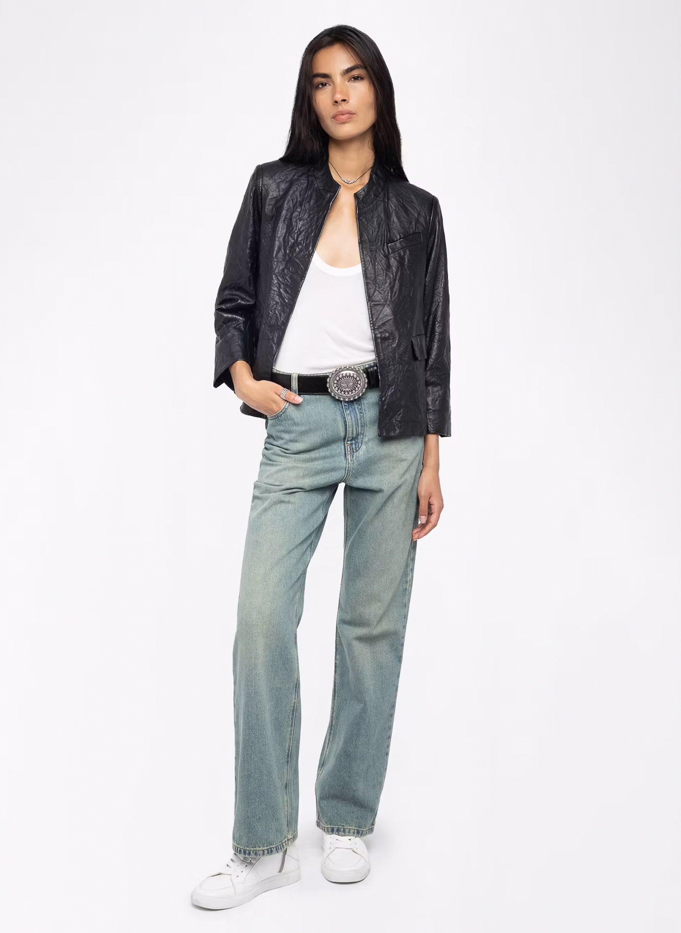 Blouson col rond en cuir veryn ZADIG&VOLTAIRE Noir